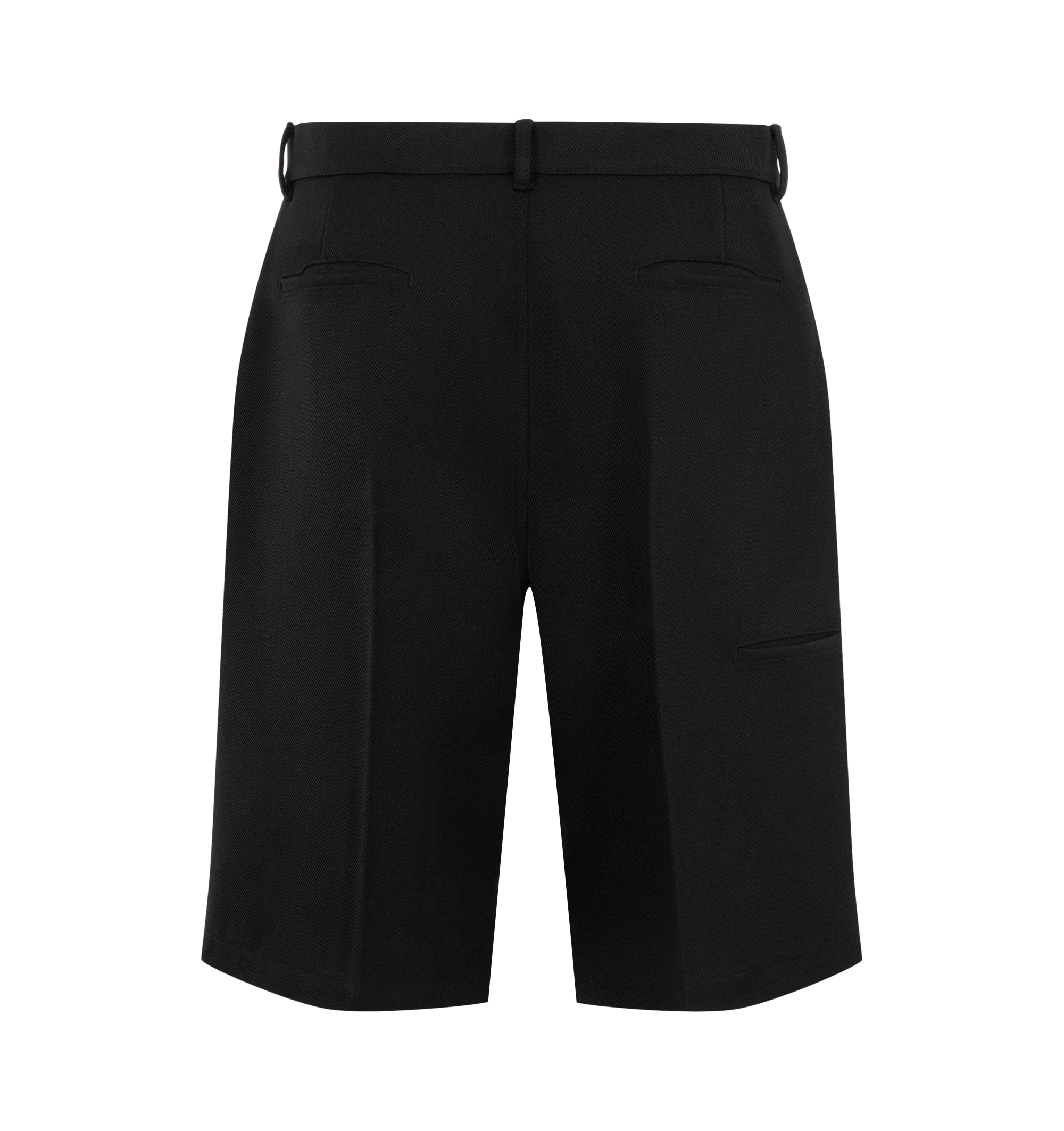 Image 2 of 3 - BLACK - Rick Owens Mens Work Shorts are crafted from wool whipcord. Feature a knee-length silhouette, button closure with belt loops, diagonal side pockets, back pockets, pressed front and back creases, and a cupro lining. Main Material: 100% Virgin Wool; Lining: 100% Cupro; Buttons: 100% Buffalo Horn. Made in Italy.