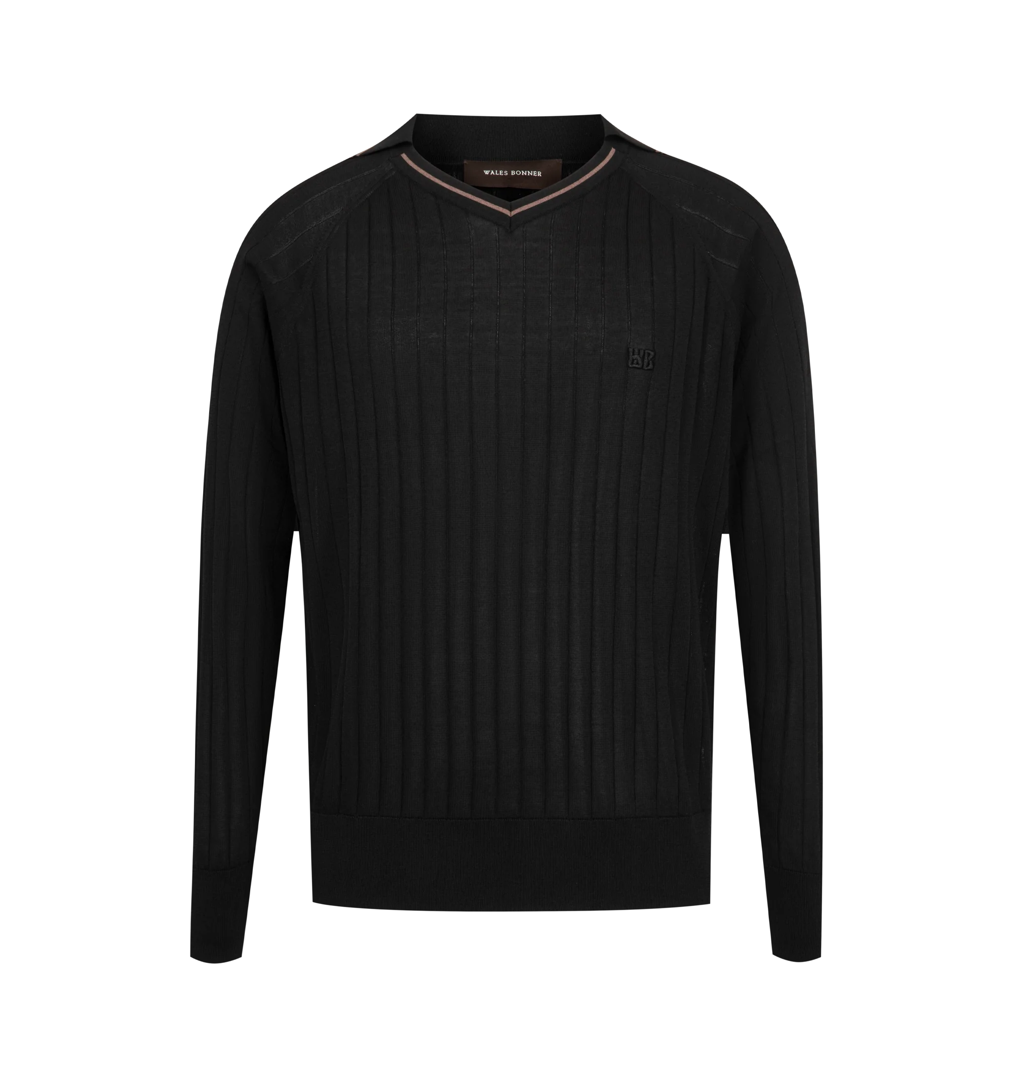 Image 1 of 2 - BLACK - Wales Bonner Men's Roots Polo Shirt is crafted from a viscose silk knit and features a refined polo silhouette inspired by vintage club and sportswear styles. Designed with a classic collar and long sleeves, this lightweight knit is finished with subtle logo embroidery at the chest and a relaxed fit that balances comfort with sophistication. 100% Viscose.