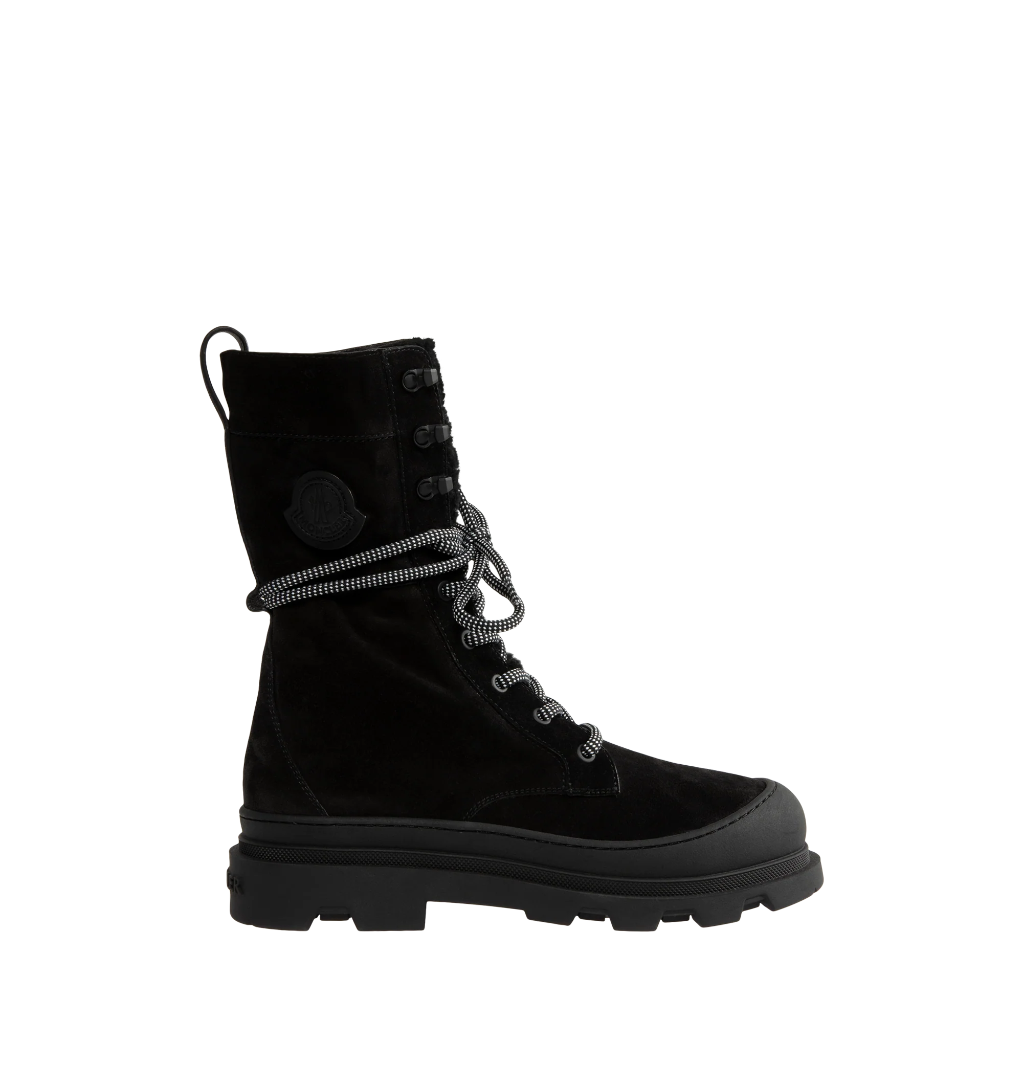 Image 1 of 4 - BLACK - Moncler Women's Vera High Suede Shearling Lace-Up Boots are crafted from supple suede and long-haired lambskin, combining rugged cold-weather styling with lightweight comfort. Designed with a lace-up closure and a functional back loop that secures the laces while allowing the shaft to be styled structured or slouchy, these calf-height designer boots are finished with a comfortable leather insole and a rubberized TPU sole with micro-foam filler. Upper: Cow Suede and Long-Haired Lambs
