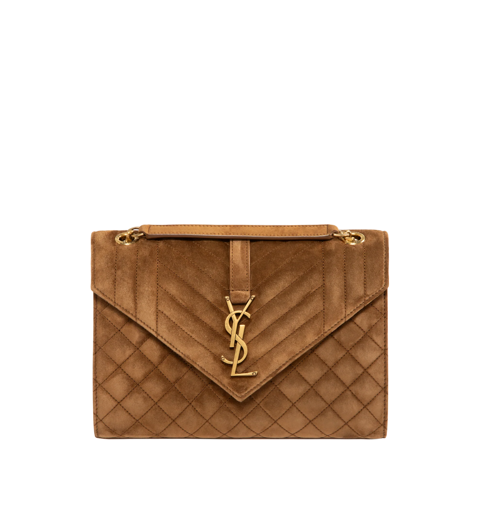 Image 1 of 4 - BROWN - Saint Laurent Leather Envelope Medium Chain Bag features a magnetic snap closure, one main compartment, one flat interior pocket, and one flat pocket at the back for additional storage. Dimensions: 9.4 X 6.8 X 2.3 inches. Main materials: Calfskin Leather, brass harware. Made in Italy.