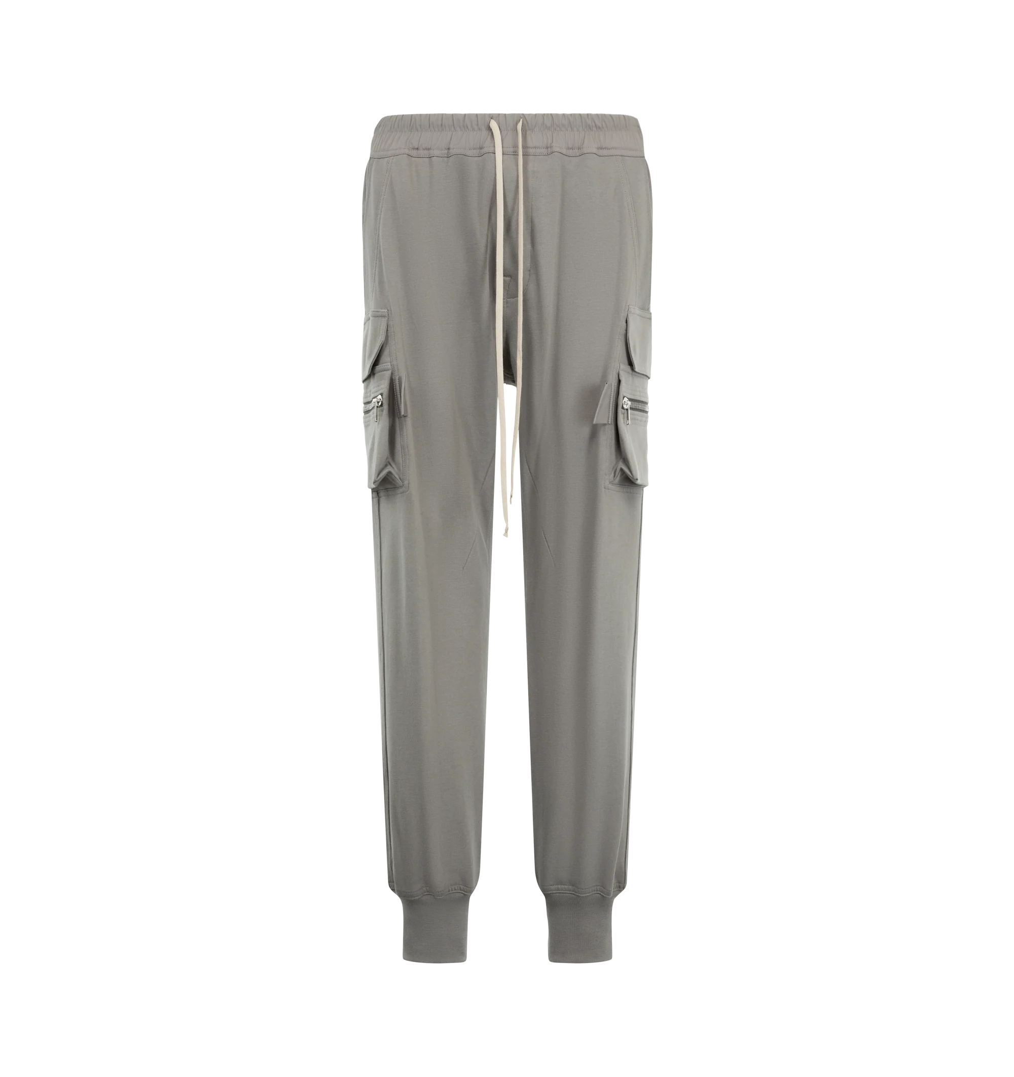 Image 1 of 3 - GREY - Rick Owens Mens Mastodon Cargo Pants are crafted from cotton poplin. Feature a slim fit, elasticized waistband with drawstring, side pockets, zip cargo pannier pockets with flaps and tabs, back flap pockets, and elasticized ankles. Main Material: 97% Cotton, 3% Elastane. Made in Italy.