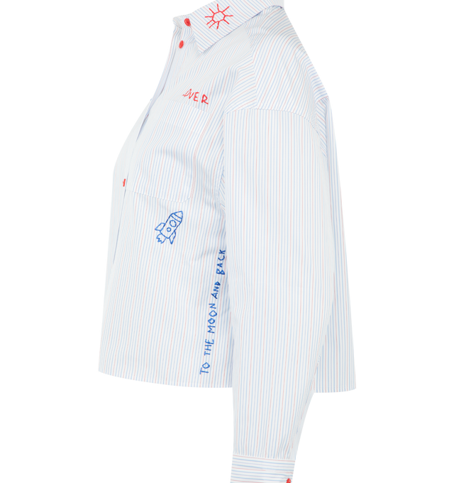 Image 3 of 3 - BLUE - MIRA MIKATI Deep Cuff Stripe Shirt With Embroidery featuring slightly oversized fit, dropped shoulder, tab detailing to the sides, a blue and red pinstripe cotton poplin design and messages of positivity like To the moon and back embroidered on the front and back. 100% cotton. 
