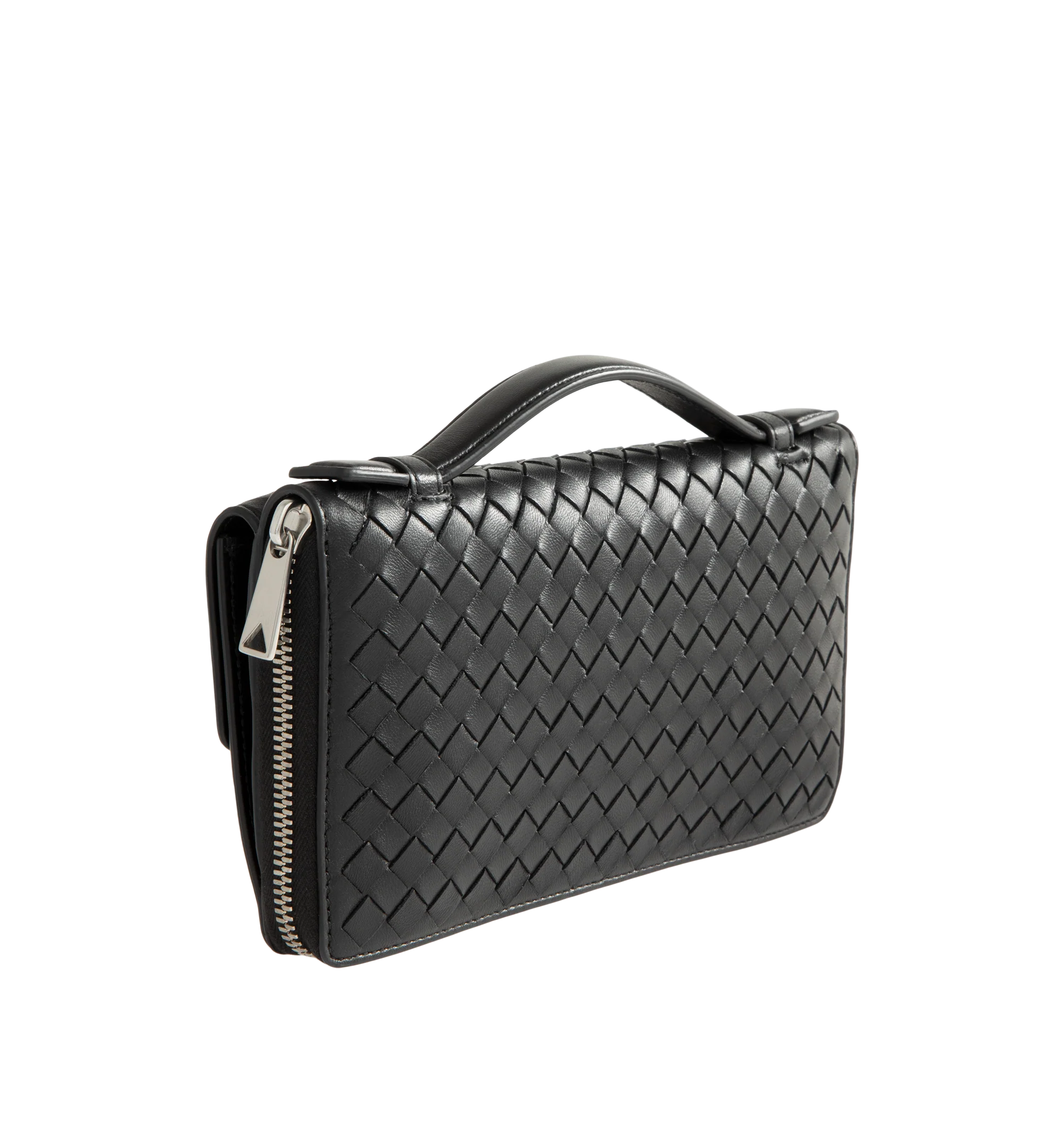 Image 2 of 3 - BLACK - Bottega Veneta Mens Zip-Around Organizer is crafted from Intrecciato piccolo calfskin leather. Features a zip-around closure, six card slots, two bill compartments, one coin pocket, one exterior pocket, calfskin lining, and silver-finish hardware. Main Material: Calfskin Leather; Lining: Calfskin Leather. Made in Italy.