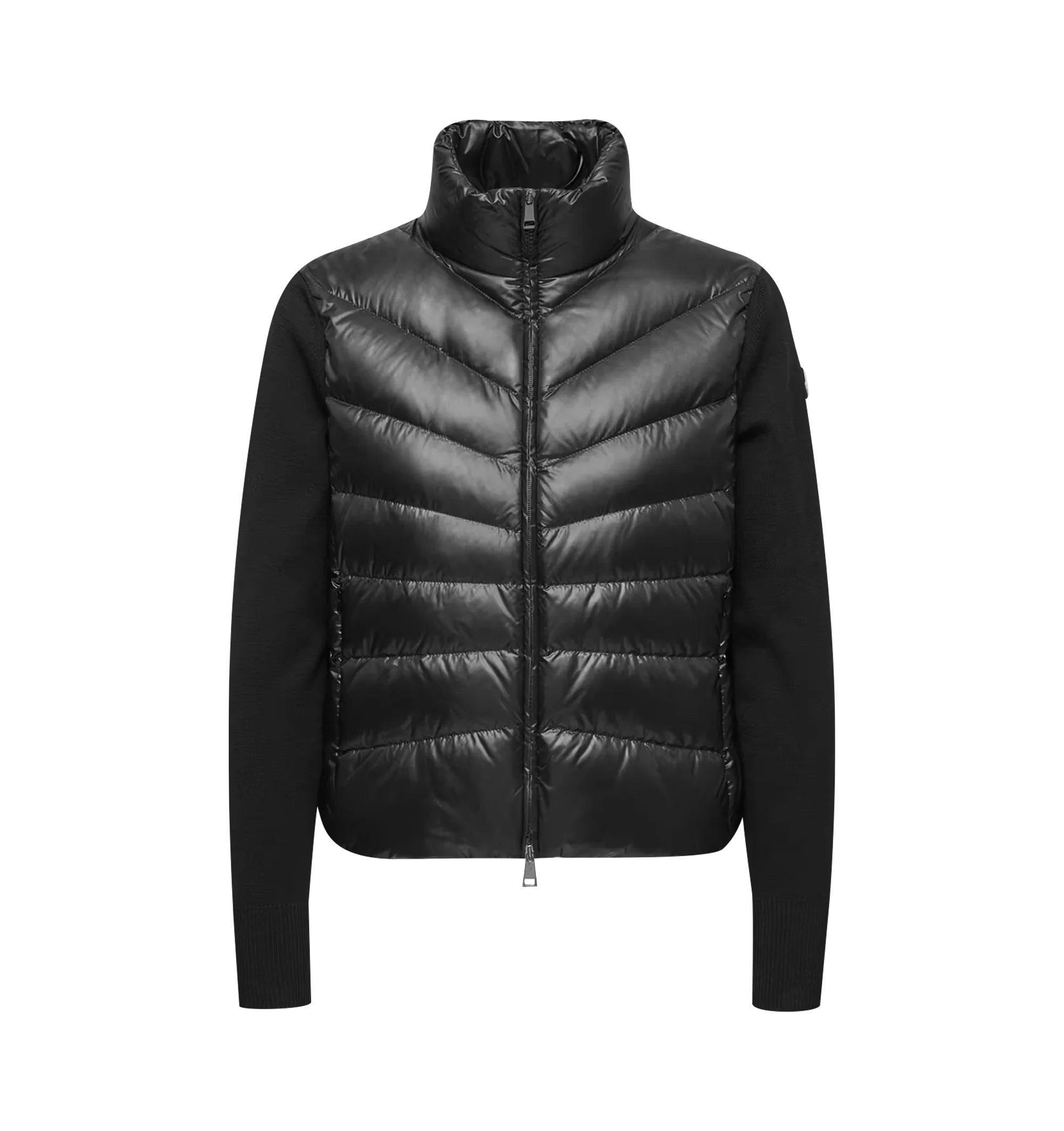 Image 1 of 1 - BLACK - Moncler Womens Wool Down Padded Cardigan is crafted from virgin wool and features a gauge 14 knit, down-filled Longue Saison front and back panels, a turtleneck, zipped pockets, and lightweight insulation. This designer padded cardigan combines premium wool knitwear with signature quilted detailing for versatile everyday layering. Main Material: Sleeves: 100% Virgin Wool; Front Back: 100% Polyamide; Front Lining: 100% Polyamide; Back Lining: 100% Polyamide; Padding: 90% Down, 10% Fe