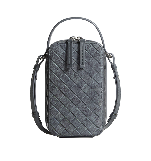 Image 1 of 5 - GREY - BOTTEGA VENETA Getaway Phone Pouch featuring intrecciato denim suede leather phone pouch, handle and adjustable cross-body strap, one main compartment, one flat inside pocket and zipper closure. Lambskin. Made in Italy.