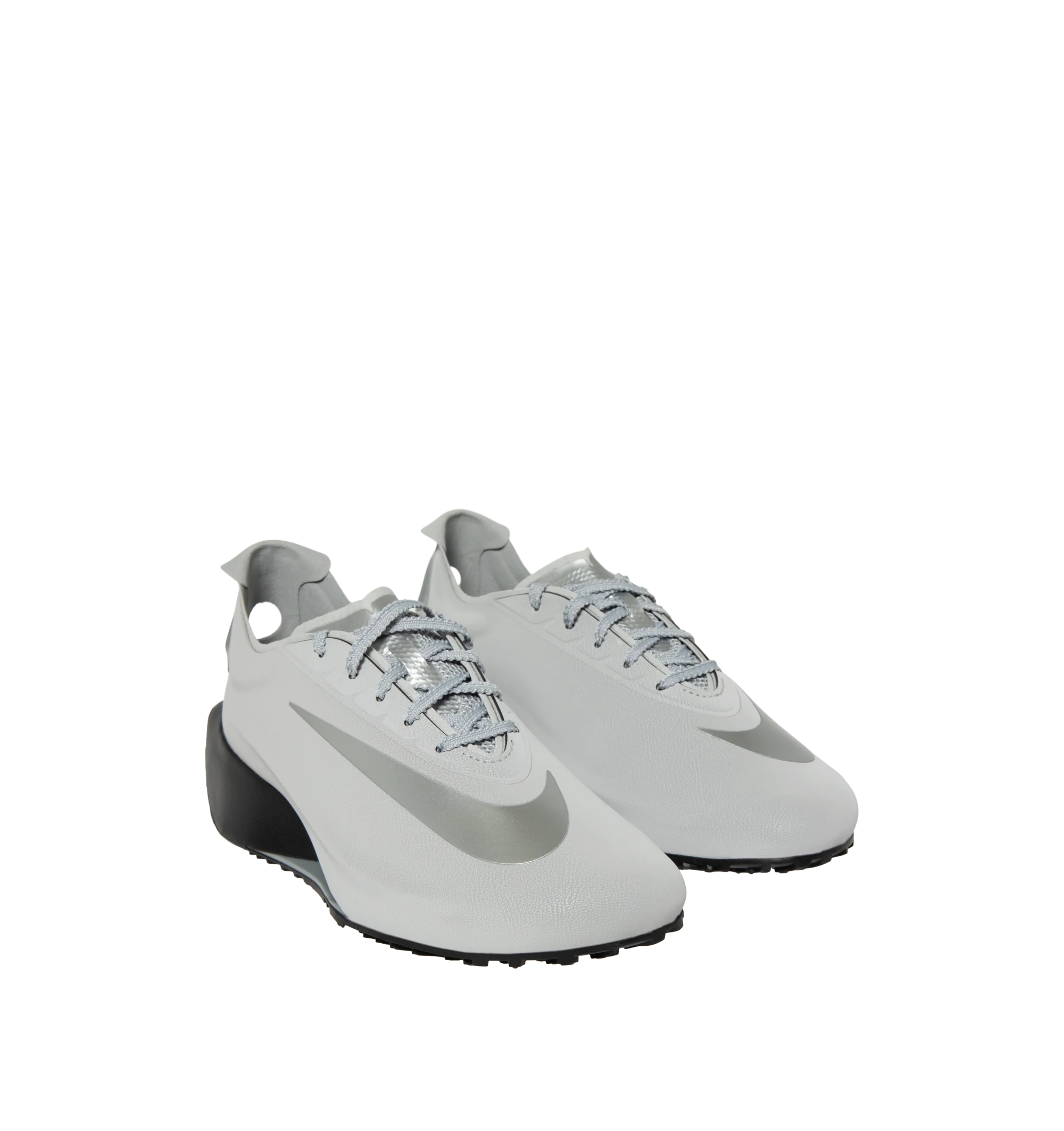 Image 2 of 5 - SILVER - Nike First Sight Noir Sneakers feature smooth textile uppers with tonal rubber overlays and a sculpted wedge sole for a futuristic take on retro running style. These lifestyle sneakers combine lightweight comfort with modern design, finished with chrome-effect detailing at the heel for a bold statement. Main Material: Textile and Synthetic. Sole: Rubber.