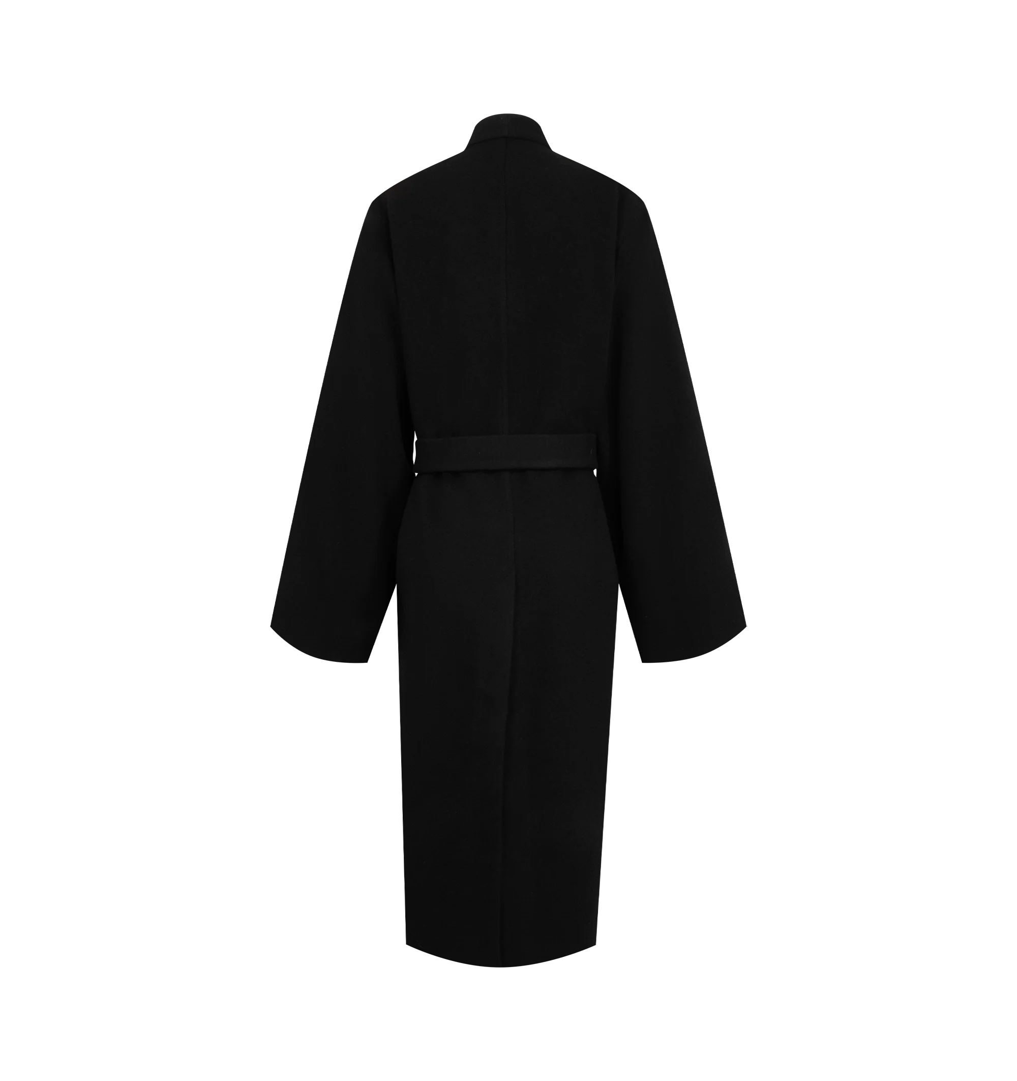 Image 4 of 4 - BLACK - Rick Owens Women's Dagger Robe is crafted from virgin wool and features a relaxed, draped silhouette with a deep cowl neckline. Designed with wide bell sleeves, a self-tie waist belt, two front pockets, and a midi-length hem for an elegant, fluid shape. Main Material: 100% Virgin Wool.