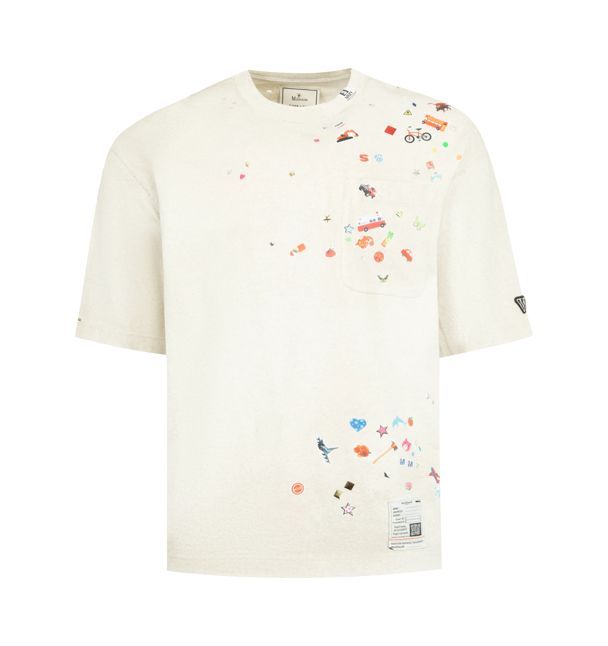 Image 1 of 2 - GREY - Maison Mihara Yasuhiro Kids Sticker T-Shirt is crafted from cotton and features a classic crew neckline, short sleeves, and signature Sticker graphic artwork for a playful contemporary look. This designer graphic T-shirt combines soft everyday comfort with Maison Mihara Yasuhiro's distinctive streetwear aesthetic, making it an easy wardrobe staple. Main Material: 100% Cotton. Made in Japan.