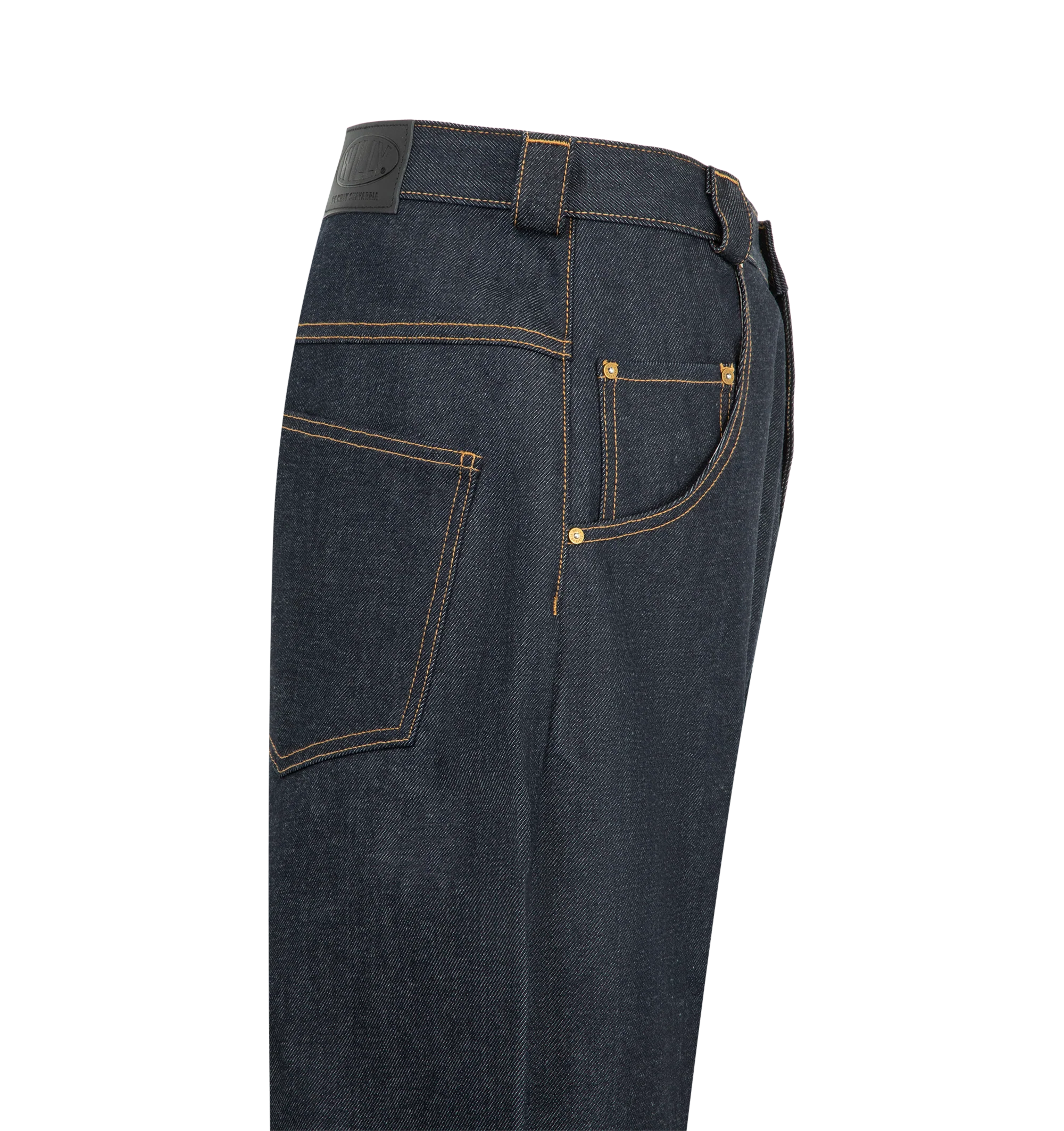 Image 3 of 3 - NAVY - The Bad Boy Jean is cut in a baggy, oversized silhouette with a low waist and dropped crotch. Designed with an extra-long, wide leg that creates a stacked, exaggerated shape, it delivers a bold, expressive proportion. Finished with a gold button fly, signature W belt loops with a key loop, and a leather WILLY patch for distinctive detail. Main Material: Cotton. 