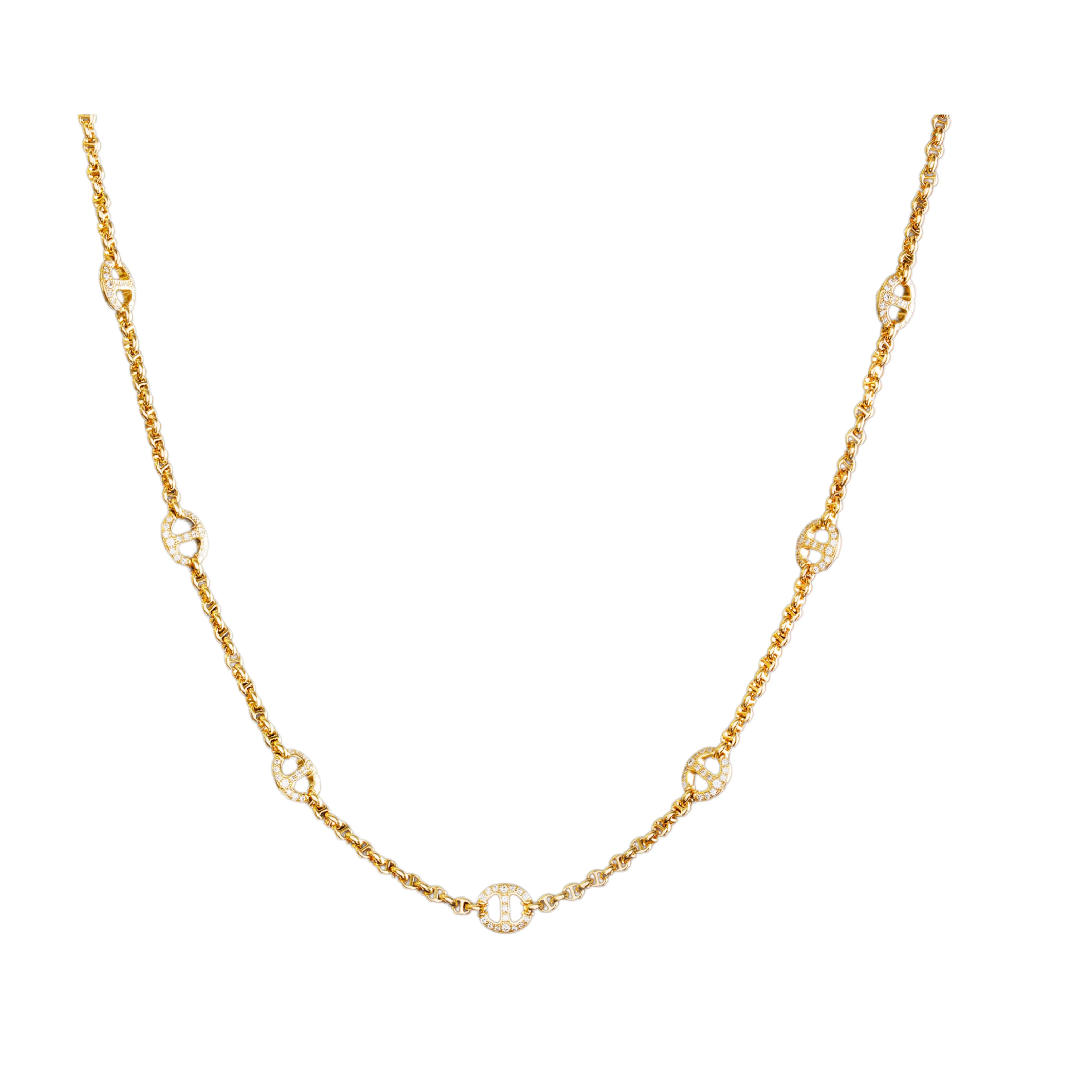 Image 1 of 1 - GOLD - Hoorsenbuhs Diamond by the Yard Necklace is crafted from 18K yellow gold and features a 16" Micro Open-Link chain with seven 10 mm white diamond stations and the brands signature tri-link loop and toggle closure. Length: 16". For personal consultation and detailed information about jewelry, please contact our dedicated stylist team at personalshopping@hirshleifers.com.This item may be restricted for online purchase to international clients. For assistance purchasing this item please