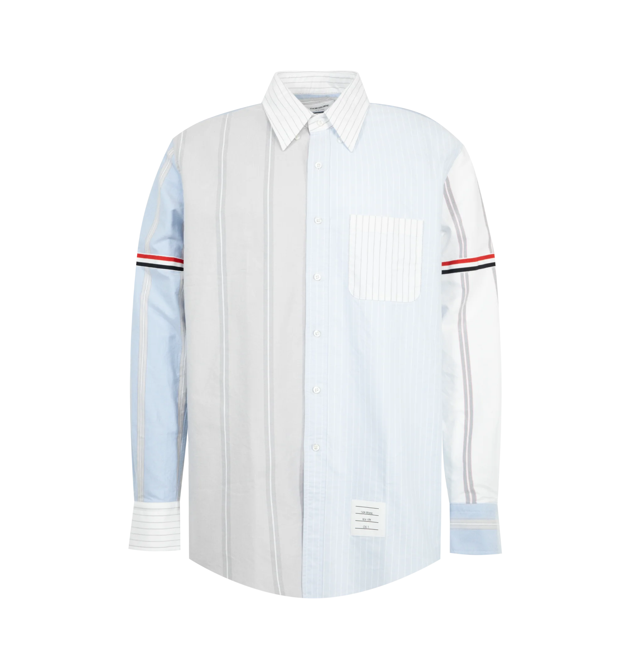 Image 1 of 2 - BLUE - Thom Browne Mens Funmix Straight Fit Button-Down Shirt is crafted from pinstripe Oxford cotton and features a straight-fit silhouette, button-down collar, front button closure, chest patch pocket, signature grosgrain armband, name tag appliqu, pleated back yoke with locker loop, and the signature striped grosgrain loop tab. This designer button-down Oxford shirt combines mixed-pattern detailing with classic tailoring for elevated everyday wear. Main Material: 100% Cotton. Made in Italy