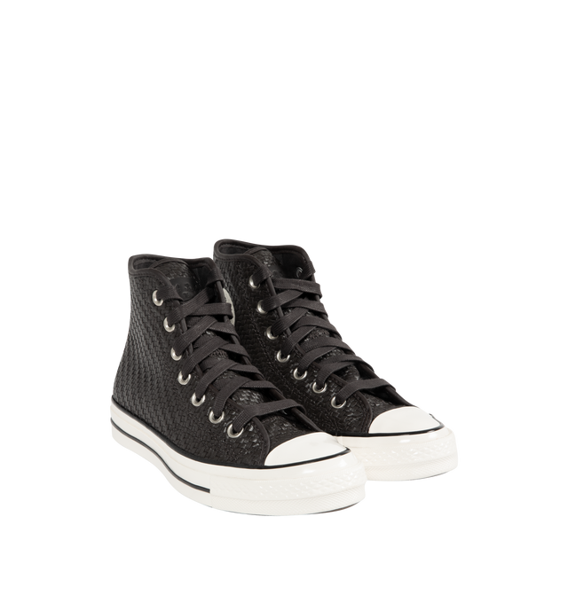 Image 2 of 5 - BLACK - CONVERSE Chuck 70 Woven Leather High Top Sneaker featuring premium woven leather upper, OrthoLite cushioning, varnished, off-white midsole and toe cap, tonal laces and signature leather Chuck Taylor ankle patch and classic All Star license plate.