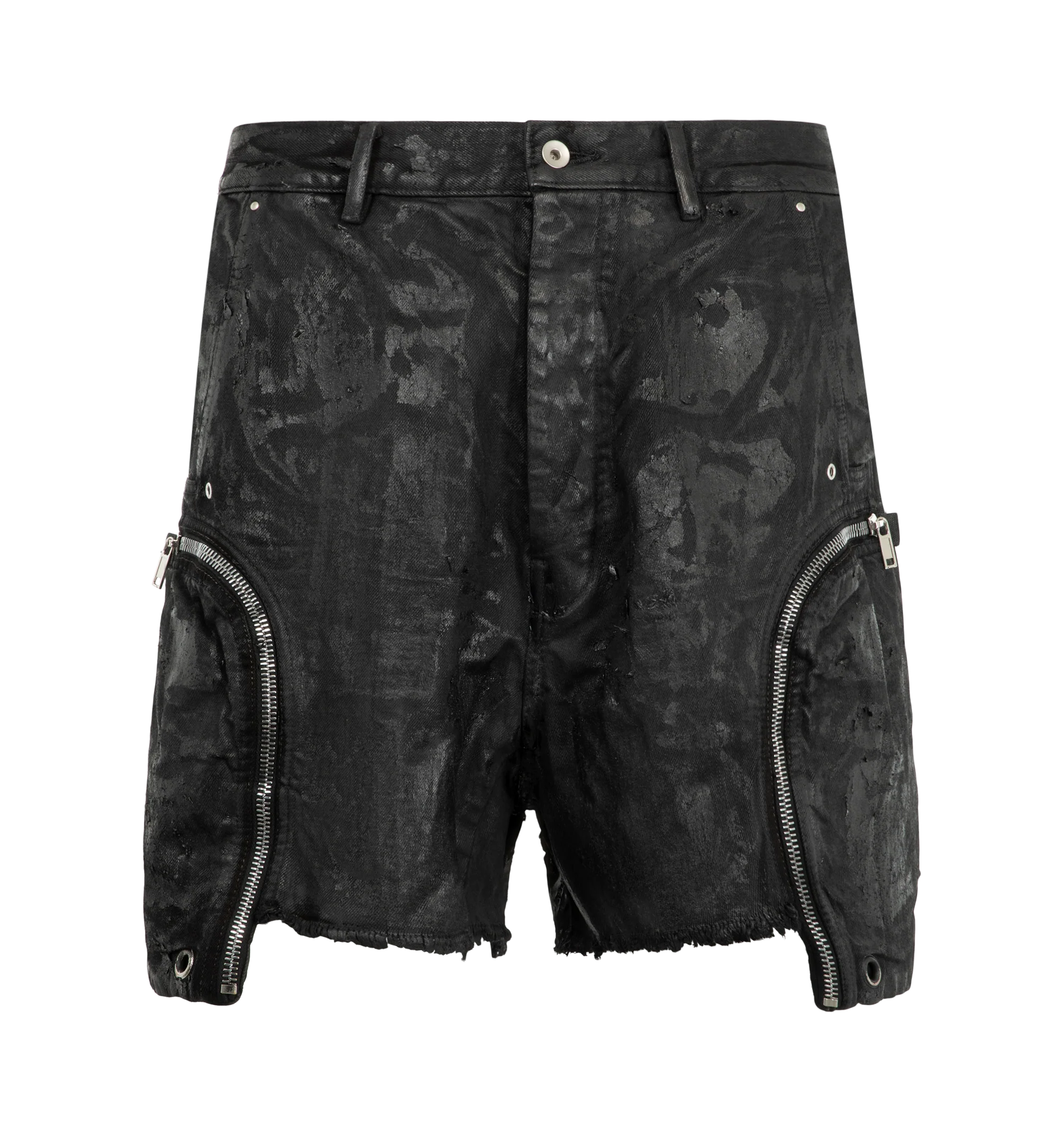 Image 1 of 3 - BLACK - Rick Owens Drkshdw Men's Bauhaus Shorts are crafted from 100% cotton denim and feature a frayed knee-length silhouette with a low dropped crotch, side pockets, signature round Bauhaus zip pockets at the front, and back pockets. Main Material: 100% Cotton Denim