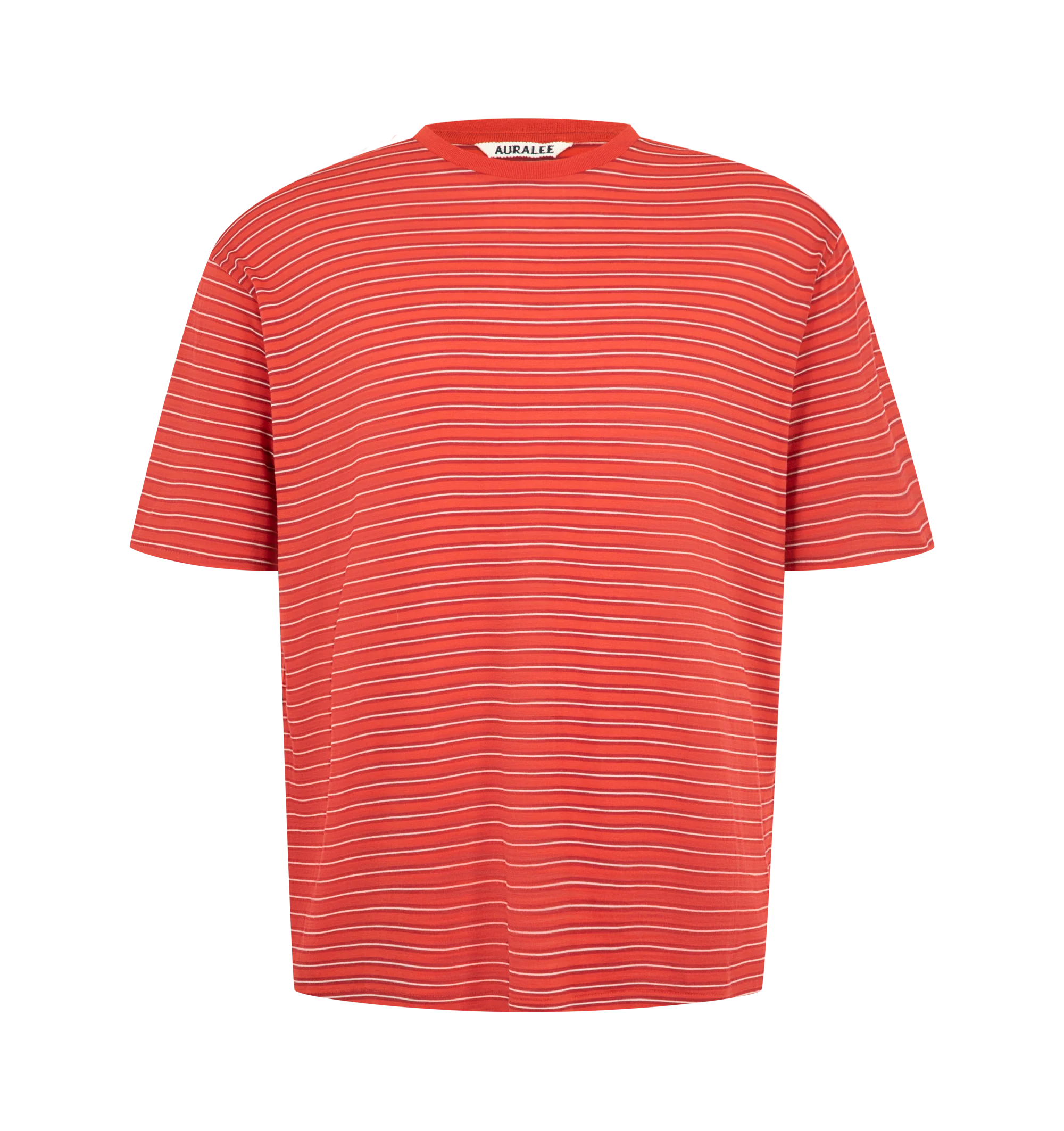 Image 1 of 2 - RED - Auralee Men's Soft Smooth Wool Stripe Jersey T-Shirt is crafted from 15.5-micron merino wool jersey and features a multicolored striped design. The fabric has a natural sheen with an exceptionally smooth, soft, and fluid hand. Cut in a regular fit. Main Material: 100% Wool.