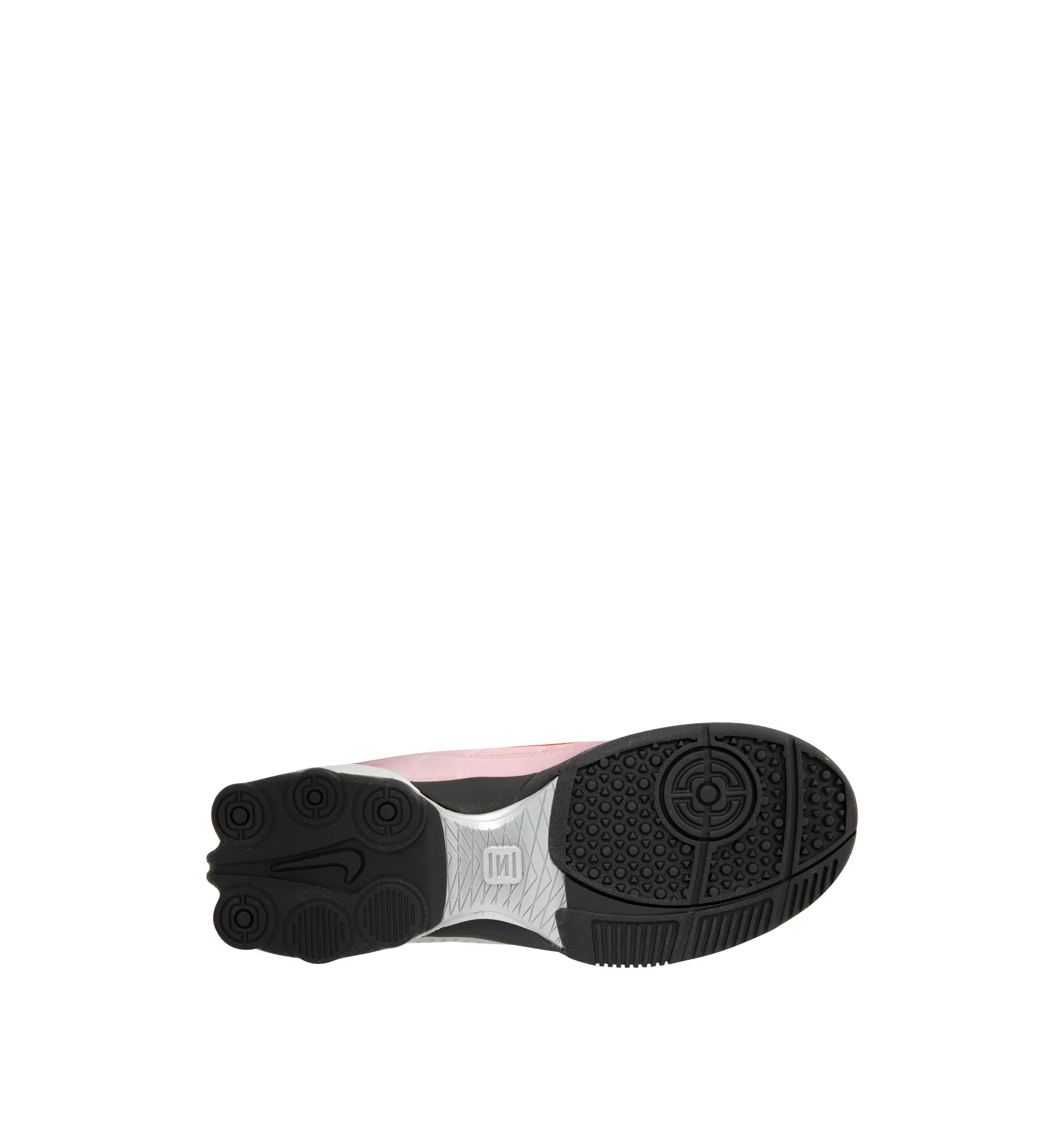 Image 4 of 5 - PINK - Nike Womens Shox Magia Sneakers feature a premium leather and textile upper. Designed with a lace-up closure, metallic accents, Nike Shox cushioning columns, and durable rubber outsole. Upper: Leather and Textile; Cushioning: Nike Shox; Outsole: Rubber. Imported