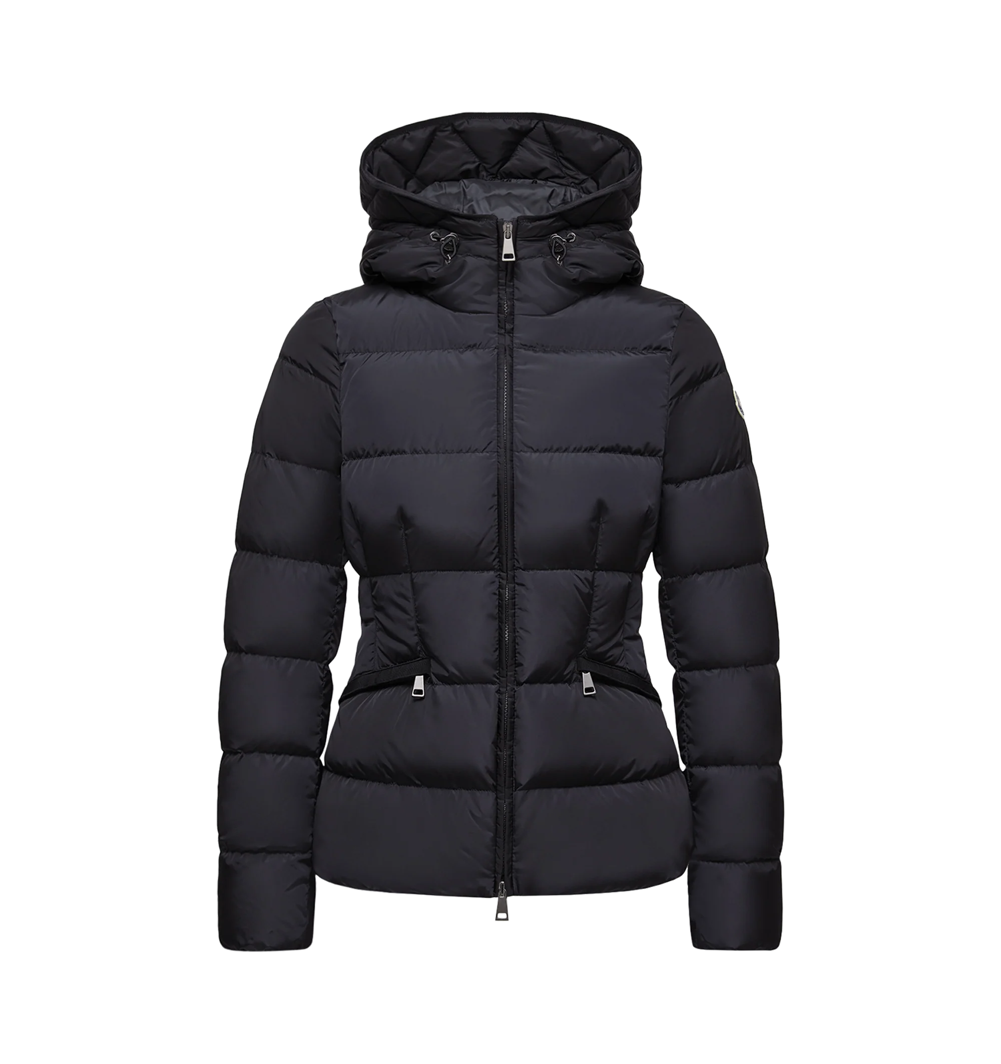 Image 1 of 1 - NAVY - Moncler Women's Avoce Hooded Short Down Jacket is crafted from water-repellent nylon technique and features a down-filled construction, an adjustable hood, a front zip closure, zipped welt pockets, an elastic belt, and the signature logo patch. This designer down jacket combines lightweight warmth with a slim, feminine silhouette for elevated everyday outerwear. Main Material: 100% Polyamide (Nylon). Lining: 100% Polyamide (Nylon). Hood Lining: 100% Polyamide (Nylon). Padding: 90% Down