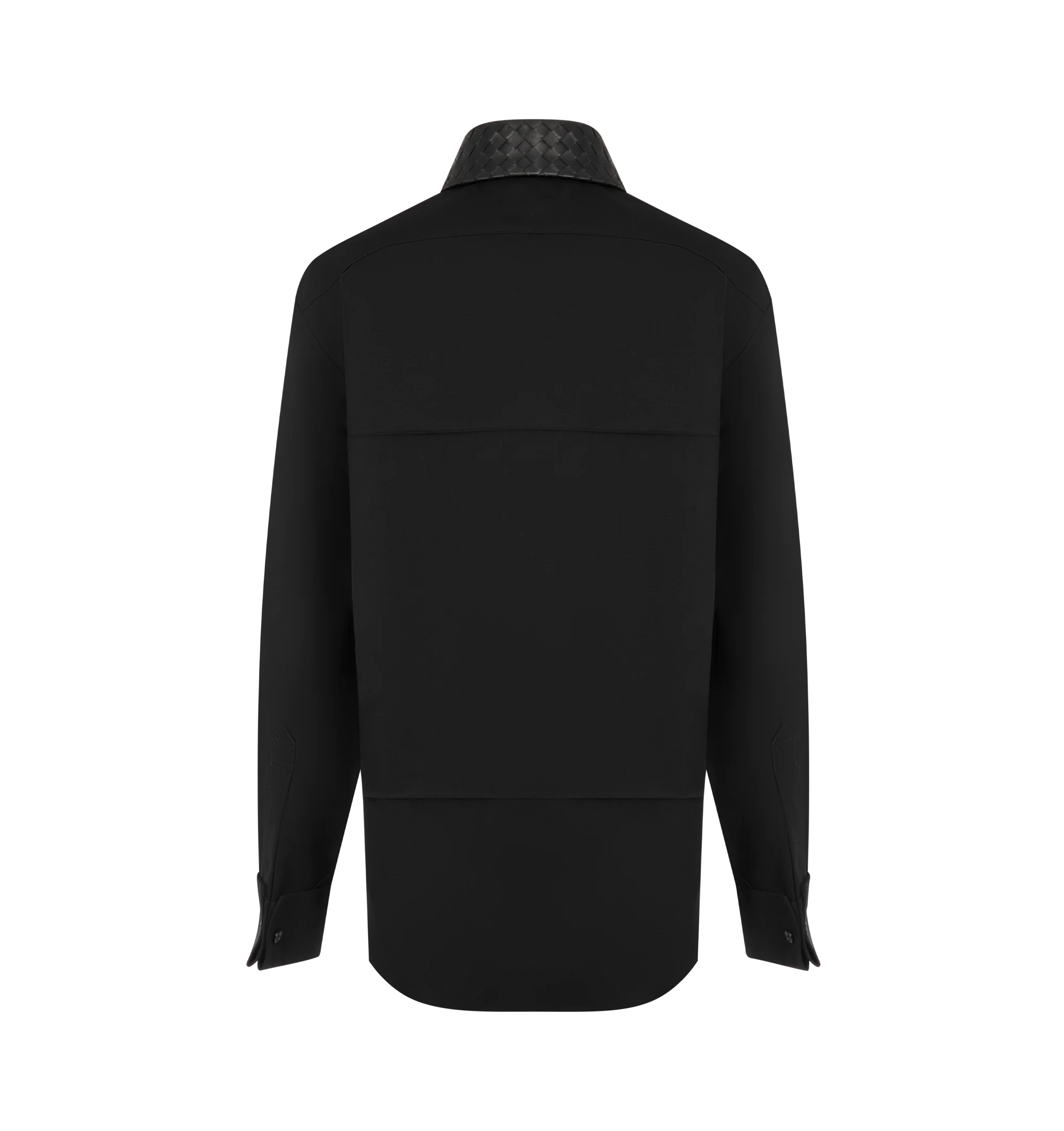 Image 2 of 3 - BLACK - Bottega Veneta Womens Lightweight Crafted of lightweight wool twill, Bottega Venetas shirt features an Intrecciato leather collar, long sleeves with button cuffs, and luxe Italian craftsmanship. Spread collar Long sleeves, button cuffs Button-front closure 100% wool Collar: 100% leather. Made in Italy.