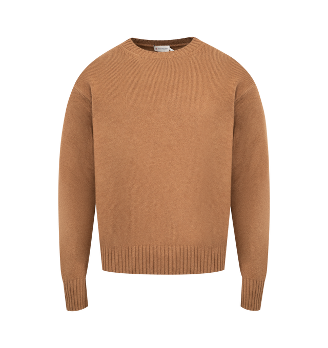 Image 1 of 3 - BROWN - MONCLER Wool Cashmere Sweater featuring a wool and cashmere blend, crew neck, stockinette stitch, gauge 5 and leather logo patch. 90% virgin wool, 10% cashmere.