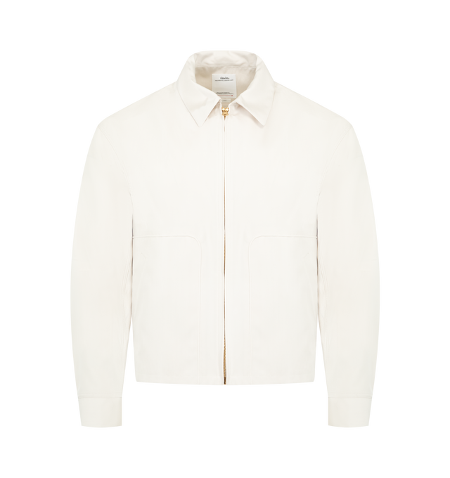 Image 1 of 5 - WHITE - VISVIM Somer Swing Top featuring two side pockets, zipper closure, one inner pocket on left, pressed finish and graphic print on back. 62% wool, 38% silk. Made in Japan.