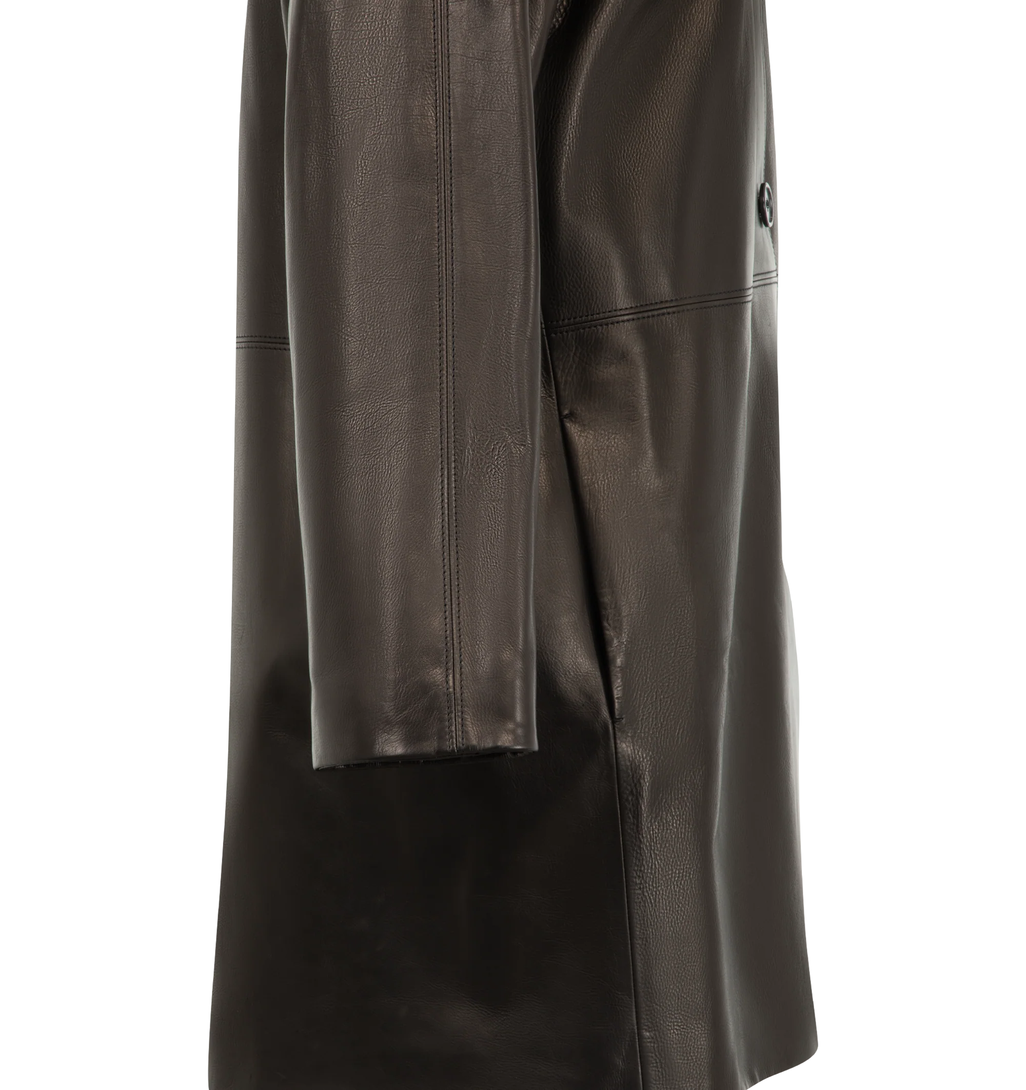 Image 3 of 3 - BLACK - The Row Women's Donata Coat is crafted from tumbled baby calfskin leather and features a mid-length car coat silhouette with a flat collar, dropped shoulders, side seam pockets, and a horn button-front closure. Fully lined in silk, this designer leather coat combines exceptional Italian craftsmanship with an exceptionally soft hand and rich natural texture, creating a timeless outerwear staple with effortless sophistication. Main Material: 100% Calfskin Leather. Lining: 100% Silk. Mad 