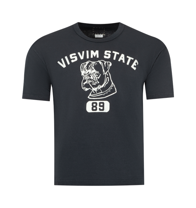 Image 1 of 2 - BLACK - VISVIM Jumbo Damaged '89 Graphic T-Shirt featuring oversized fit, carefully distressed and garment-dyed, crewneck, short sleeves, dropped shoulders and graphic print. 100% cotton. Made in Japan.
