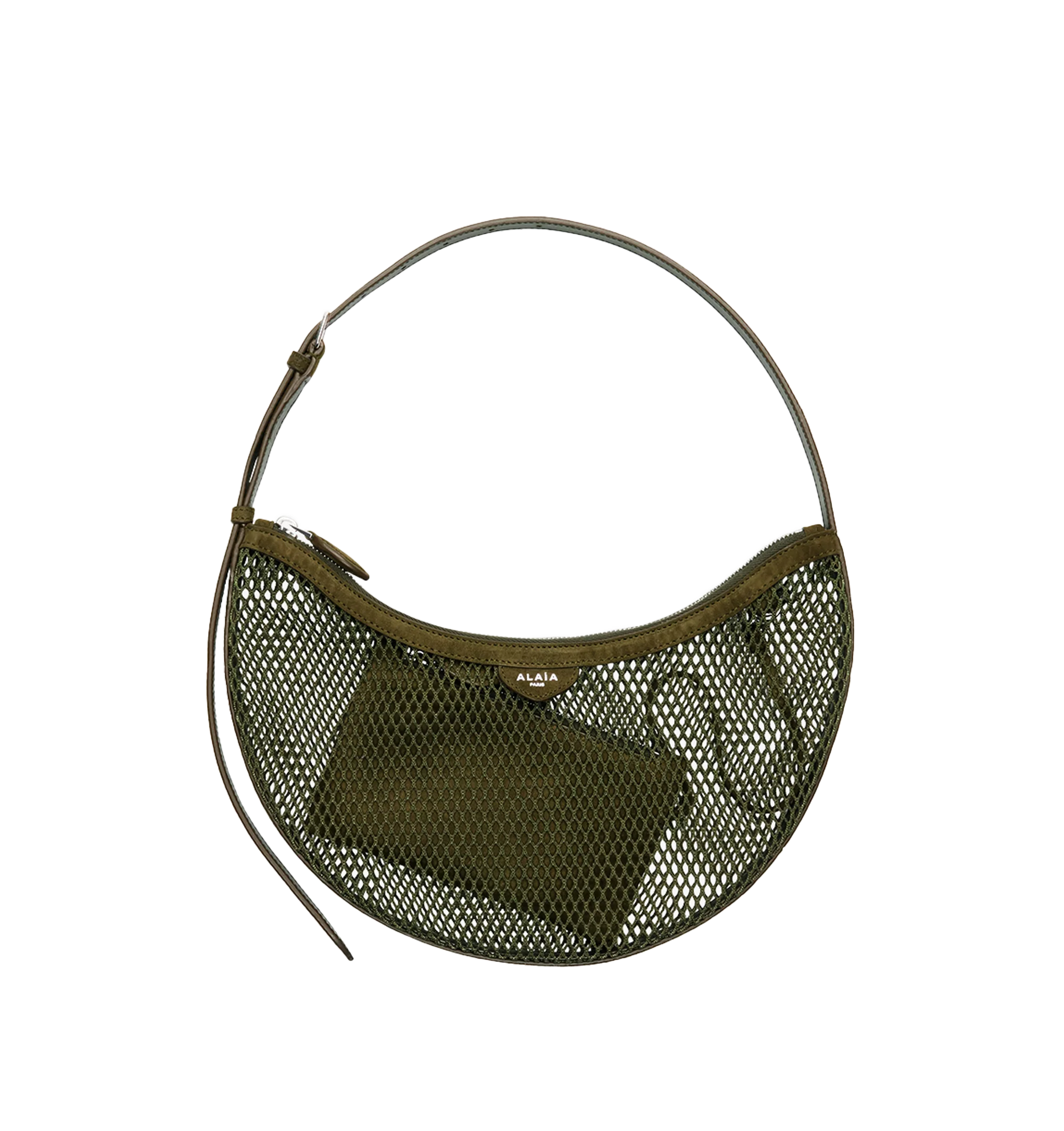 Image 1 of 1 - GREEN - Alaa Women's One Piece Demi Lune Bag is crafted from fishnet and suede goatskin leather and features an extra-flat half-moon silhouette with a zip-top closure and a detachable leather interior pouch for added organization. Designed to be carried comfortably on the shoulder, this designer handbag showcases Alaa's signature sculptural aesthetic with a lightweight construction and exceptional Italian craftsmanship. Main Material: 100% Polyester Fishnet. Secondary Material: 100% Goat Sued