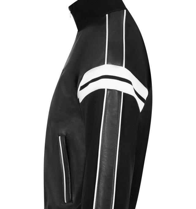 Image 3 of 3 - BLACK - WALES BONNER Nomad Leather Jacket featuring hybrid track top silhouette with calf leather and technical twill panelling on the sleeves and back, embossed logo and double zip. Leather and twill. Made in Morocco.