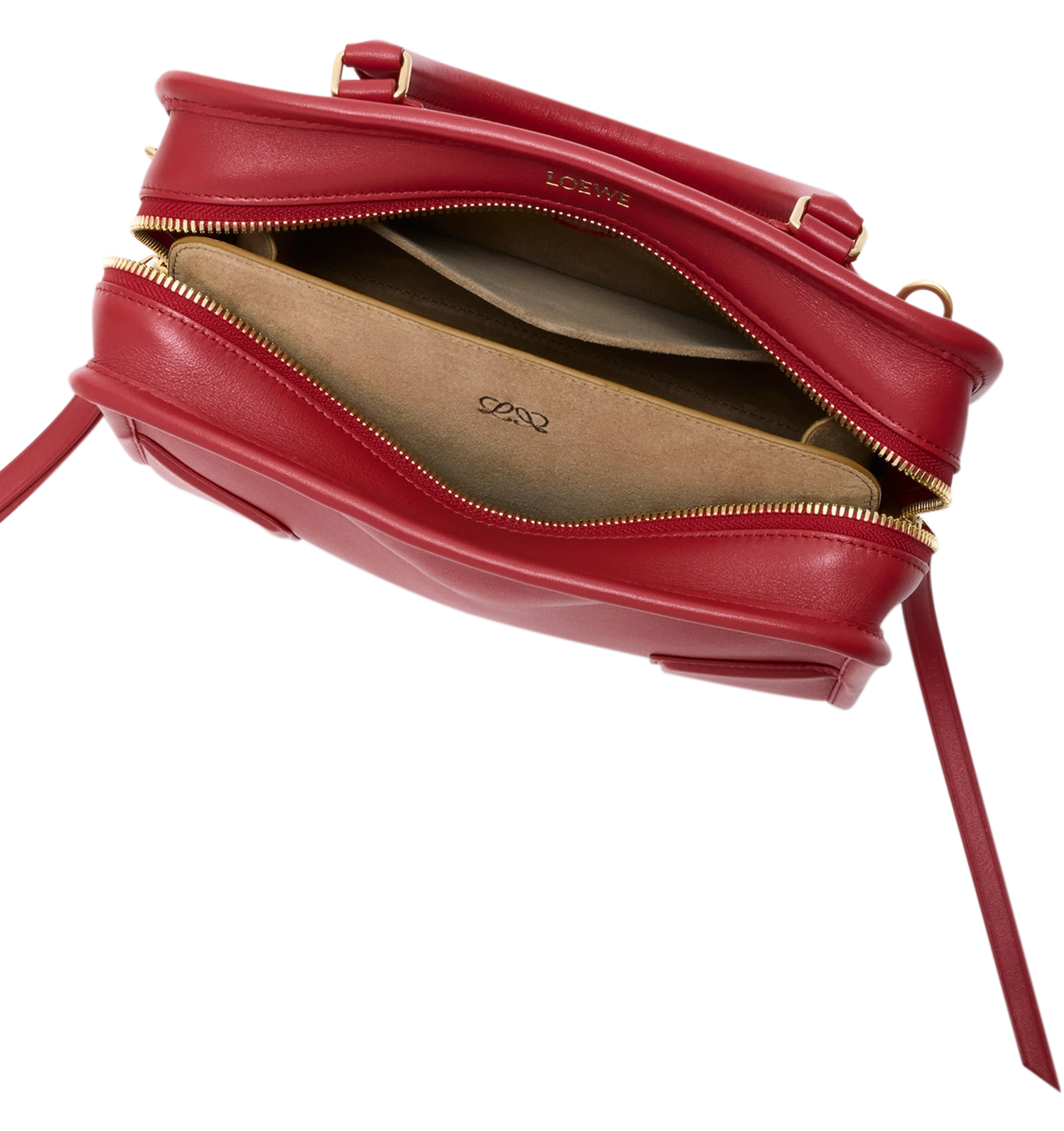 Image 12 of 18 - RED - Loewe Small Amazona 180 Bag in leather features a relaxed silhouette anchored by a single toron top handle, designed to be carried open, while a concealed closure secures the main compartment, three carry options: short handle, removable shoulder strap and crossbody, zip closure with two leather zip pullers, two compartments, main compartment closed with magnetic closure, internal flat pocket, left side d-ring for customization, nappa lambskin lining, and embossed double L branding. L