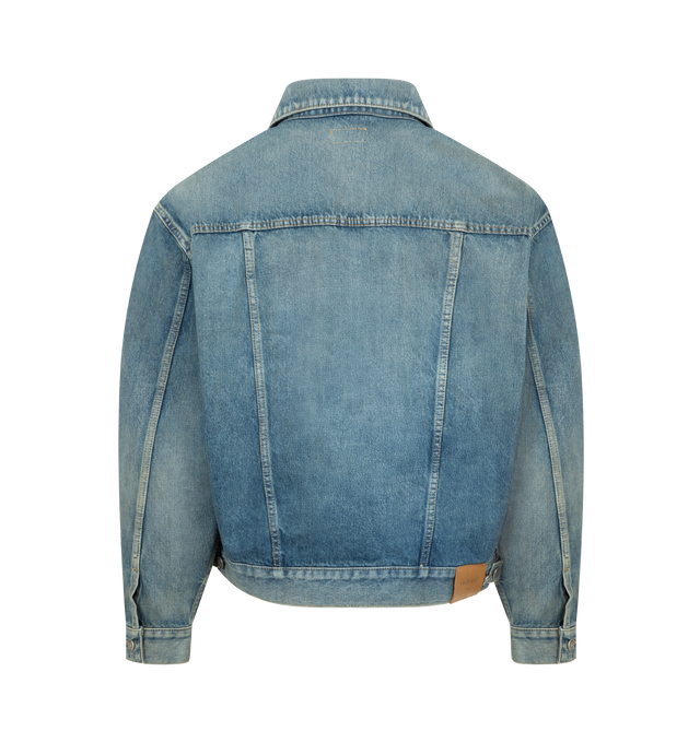 Image 2 of 3 - BLUE - SAINT LAURENT Loose Trucker Jacket featuring loose-fit, certified cotton, a pointed collar, front buttons, flap pockets, cotton lining, two patch pockets with buttoned flap at the chest, two welt pockets at the front, one-button cuffs and logo embossed leather jacron. 100% cotton. Made in Japan.