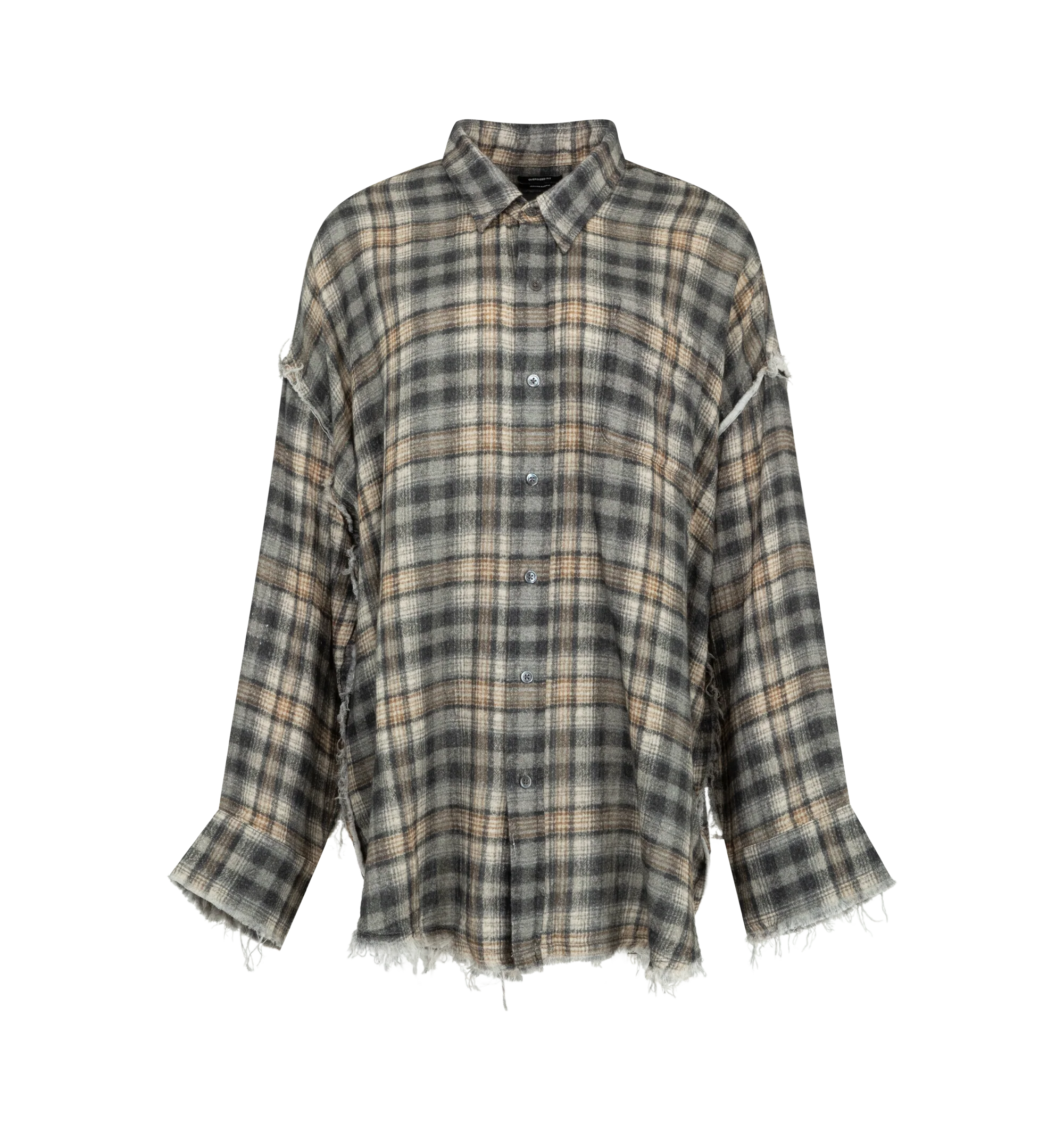 Image 1 of 2 - GREY - R13 Womens Shredded Seam Drop Neck Shirt is crafted from crinkle cotton gauze and features a drop-neck silhouette with a button-front closure. Finished with a bleached blue plaid print and shredded seam detailing. Main Material: 100% Cotton.