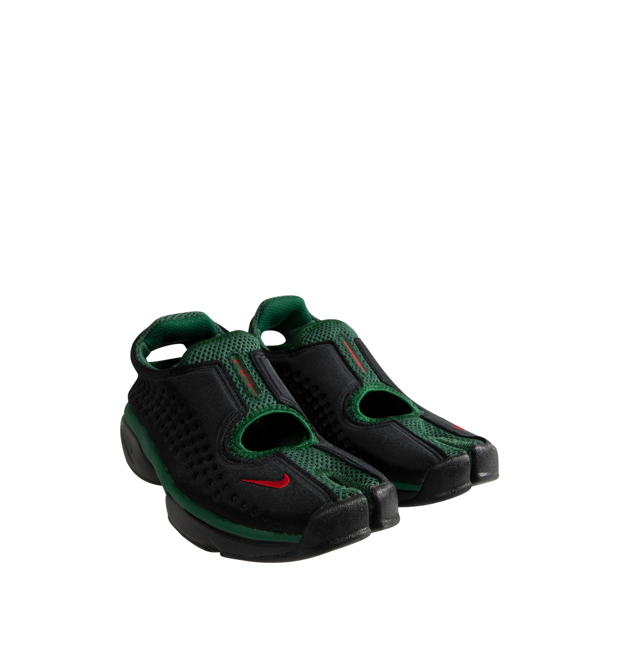 Image 3 of 5 - BLACK - Nike Women's Air Rift 2 Kenya Sneakers reinterpret the iconic split-toe silhouette with a colorway inspired by Kenya and its renowned running heritage. Designed in black, Fire Red, and Team Dark Green, these sneakers reference the colors of the Kenyan flag while honoring the barefoot running traditions that originally influenced the Air Rift design. The updated Air Rift 2 construction retains the distinctive split-toe profile and natural-motion-inspired shape while refining the origin