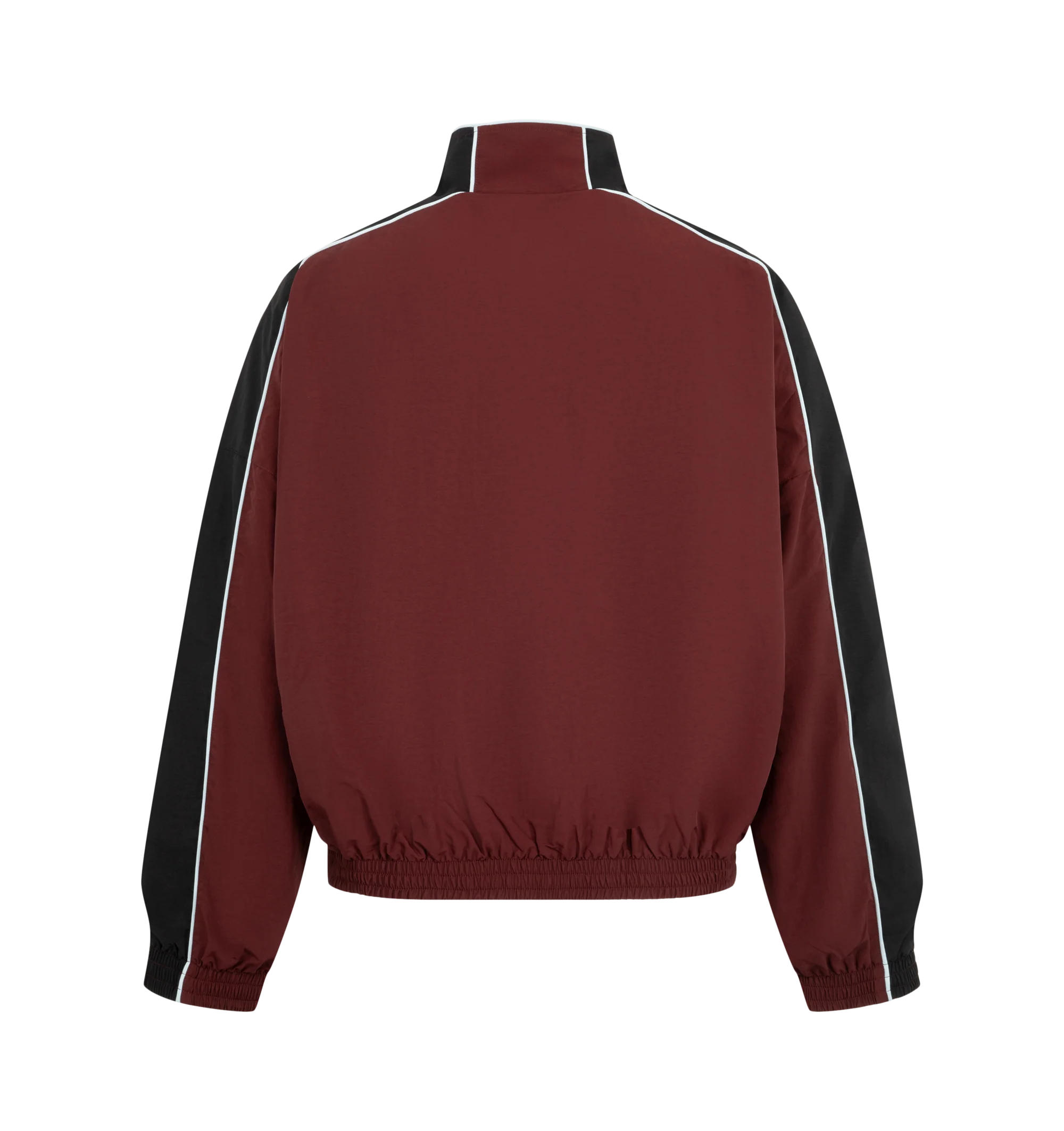 Image 2 of 3 - RED - Willy Chavarria Bad Boy Track Jacket is crafted from nylon and features a sleek, true-to-size silhouette defined by bold chevron paneling and contrast piping. Designed with a stand collar, front zip closure, two zippered pockets, stacked script logo detailing, and elasticized cuffs and hem. Main Material: 100% Nylon. Lining: Polyester.