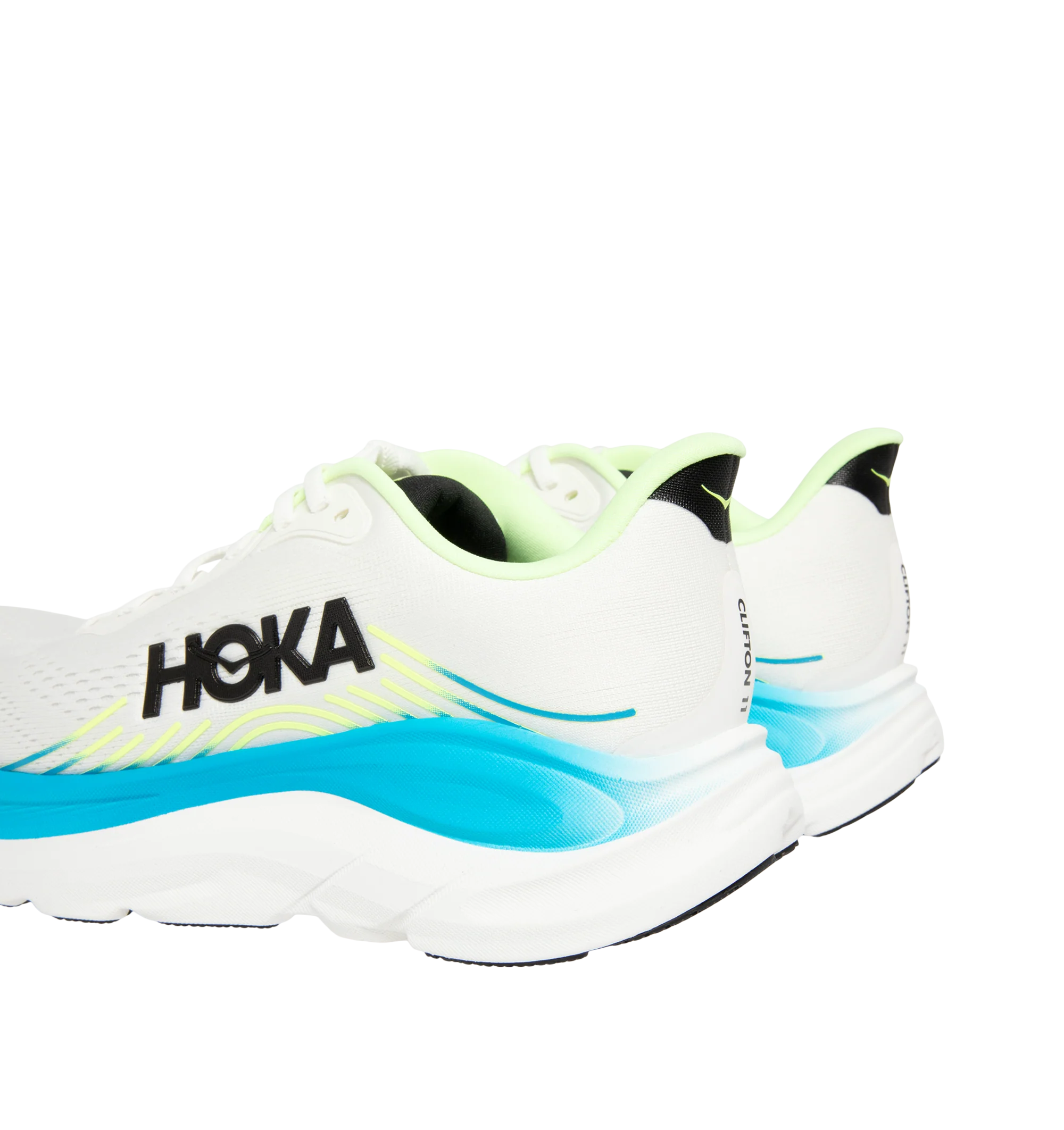 Image 3 of 5 - WHITE - Hoka Mens Clifton 11 Running Shoes feature an engineered mesh upper with reflective details and 3D-printed overlays. Designed with a CMEVA midsole, Rearfoot-Focused Active Foot Frame, MetaRocker geometry, open-cell sockliner, double-lace lock system, and Durabrasion rubber outsole for lightweight cushioning, stability, and everyday road running. Upper: Engineered Mesh; Midsole: CMEVA; Outsole: Durabrasion Rubber. Imported.