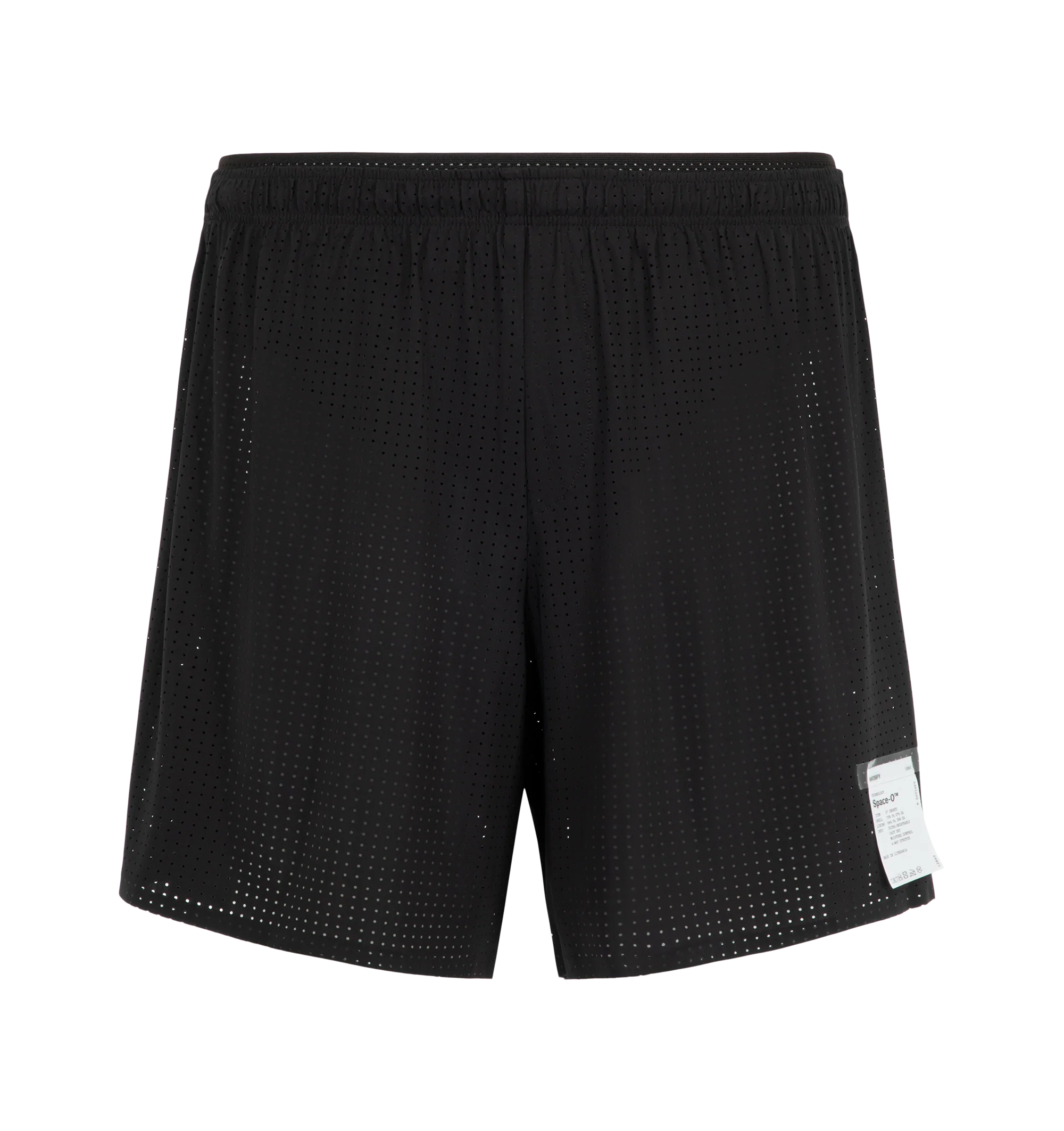 Image 1 of 3 - BLACK - Satisfy Men's Space-O 5" Shorts are crafted from Italian Space-O micro jersey and feature precision-punched perforations for lightweight breathability. Designed with four-way stretch for unrestricted movement, the performance silhouette is engineered for long-distance efforts and everyday training. Functional details include a sweat-resistant hidden phone pocket, double waistband with internal drawcords, a mini S-Carabiner for keys, and reflective logo detailing. Main Material: Space