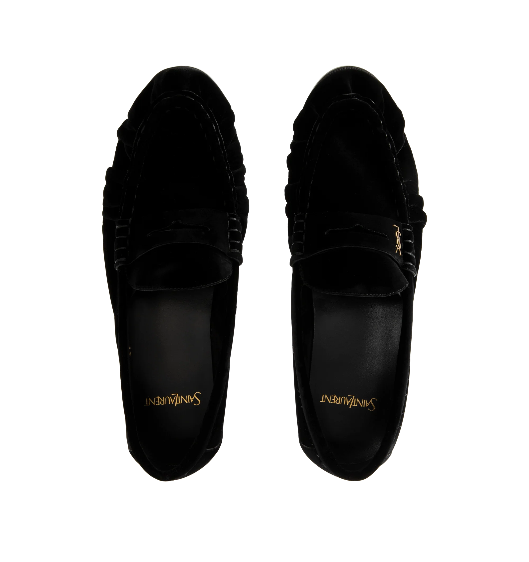 Image 4 of 4 - BLACK - Saint Laurent Men's Cassandre Velvet Penny Loafers are crafted from plush velvet and feature a supple silhouette with a hand-stitched moc toe for a refined finish. Designed with a classic penny loafer profile, these designer shoes are accented with the signature Cassandre in gold-tone brass hardware and finished with a leather sole and low stacked heel. Main Material: Velvet. Hardware: Brass. Sole: Leather. Heel Height: 1.5 cm / 0.6 in. Details: Gold-Tone Cassandre Hardware, Hand-Stit 