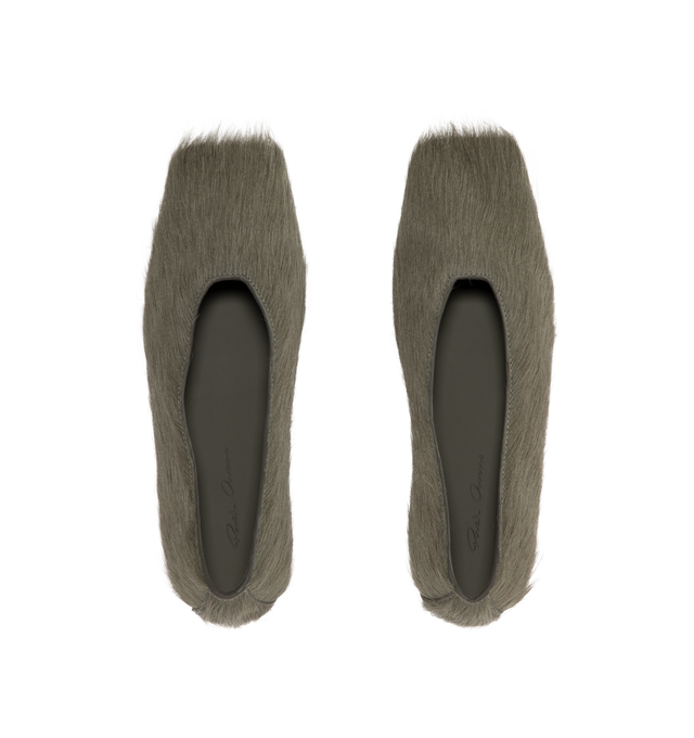 Image 4 of 4 - GREEN - Rick Owens Womens Ballerina Flats are crafted from cow hair leather matreials with a square-toe silhouette. Feature a flat slip-on design, calf leather lining and insole, leather outsole with thermoplastic polyurethane detail, and genuine python upper with a naturally bleached finish. Upper: 100% Cow Hair ; Lining: 100% Calf Leather; Insole: 100% Calf Leather; Sole: 100% Cow Leather; Sole Detail: 100% Thermoplastic Polyurethane. Made in Italy.