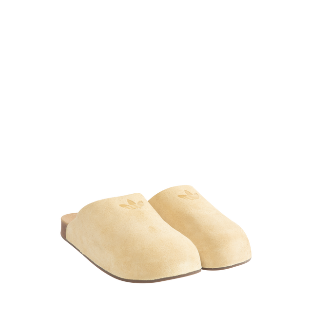 Image 2 of 4 - NEUTRAL - Adidas Adimule Slides features an authentic cork sole paired with a soft suede footbed and upper. Exterior: Leather upper, suede footbed, cork sole, textile lining, durable rubber outsole. Made in Vietnam. 