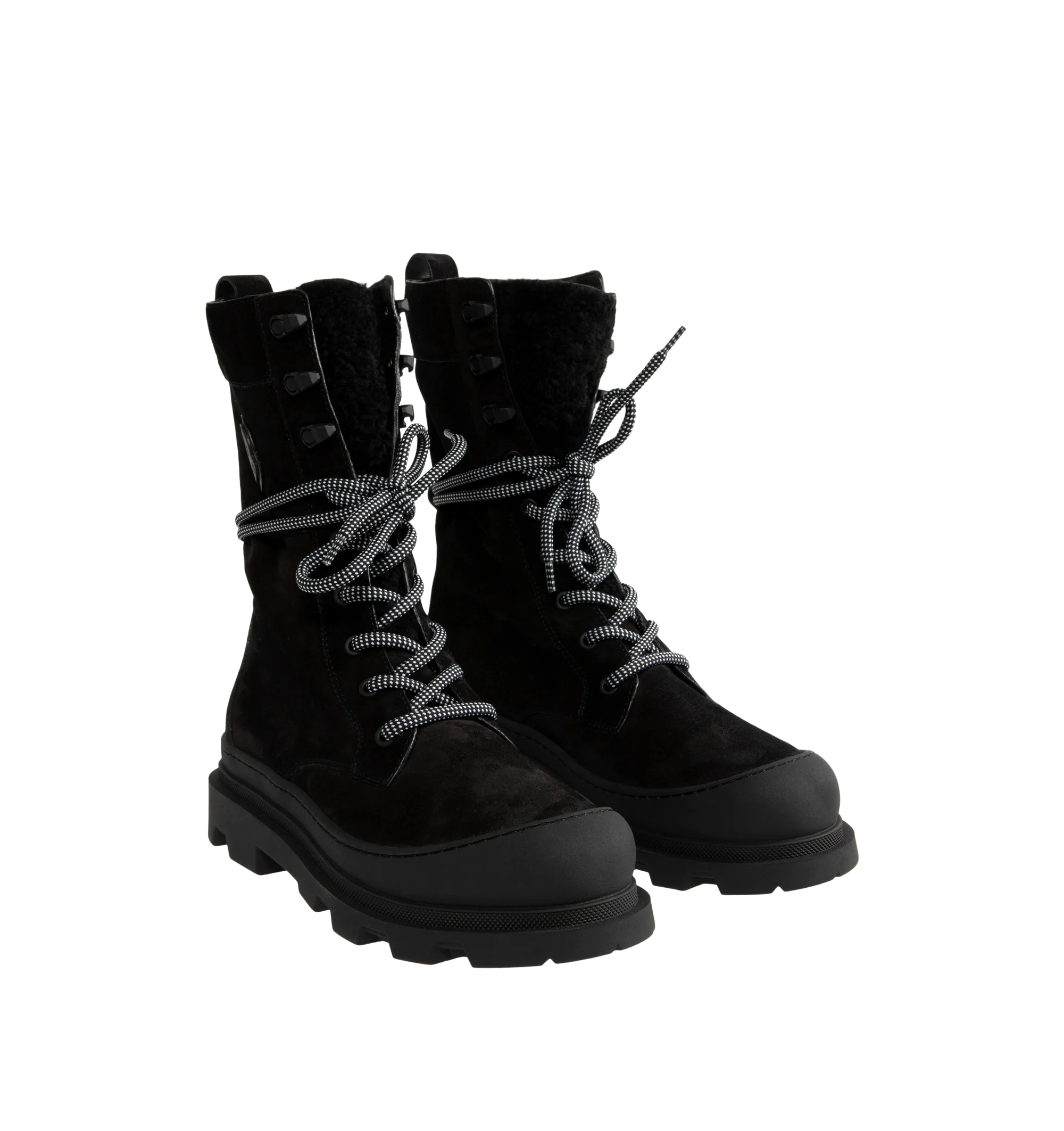 Image 2 of 4 - BLACK - Moncler Women's Vera High Suede Shearling Lace-Up Boots are crafted from supple suede and long-haired lambskin, combining rugged cold-weather styling with lightweight comfort. Designed with a lace-up closure and a functional back loop that secures the laces while allowing the shaft to be styled structured or slouchy, these calf-height designer boots are finished with a comfortable leather insole and a rubberized TPU sole with micro-foam filler. Upper: Cow Suede and Long-Haired Lambs