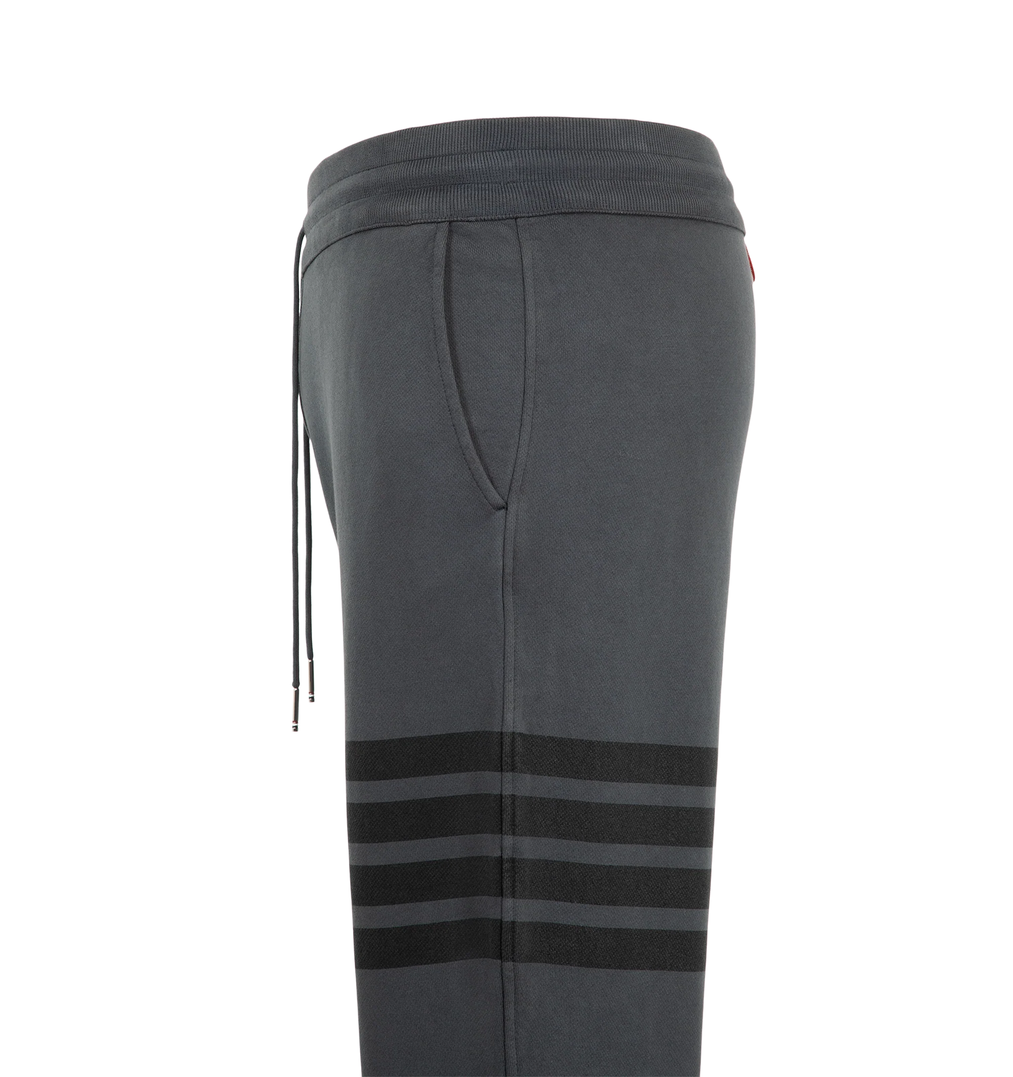 Image 3 of 3 - GREY - Thom Browne Men's Classic Loopback Sweatpants feature a pull-on waist with drawcords, and slim leg with signature stripes, logo patch and cuffed hems. Material: Cotton.