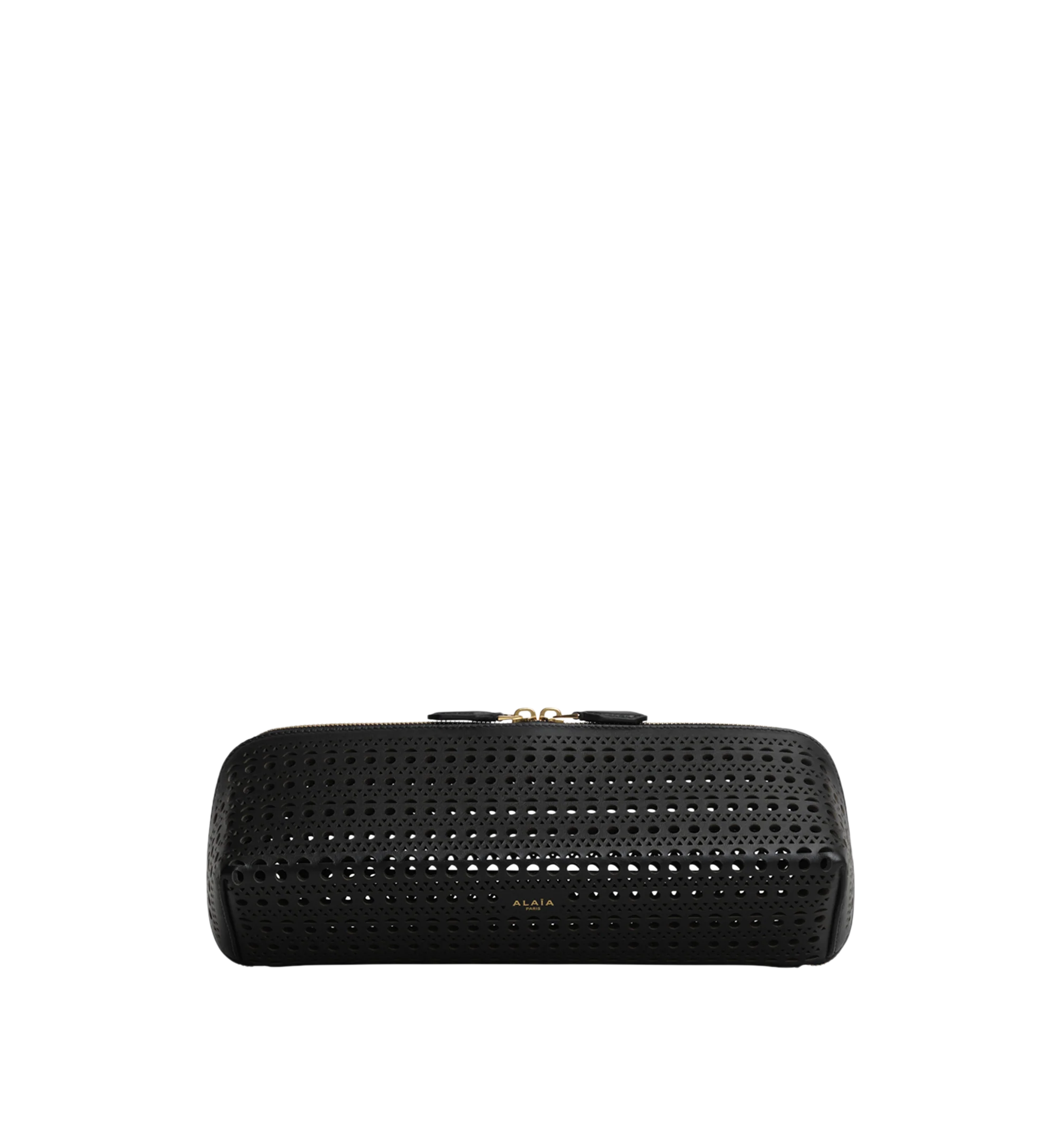Image 1 of 1 - BLACK - Alaa Delta clutch crafted in perforated Vienne calfskin leather. The sculptural design features an elongated silhouette with sharp square lines, a double zip closure, and hand-carry styling, showcasing the house's signature perforated leather craftsmanship. Dimensions: 31 x 12 x 9 cm. This clutch comfortably fits essentials such as a phone, card holder, keys, sunglasses, and small beauty items, with additional room for compact accessories. Made in Italy.