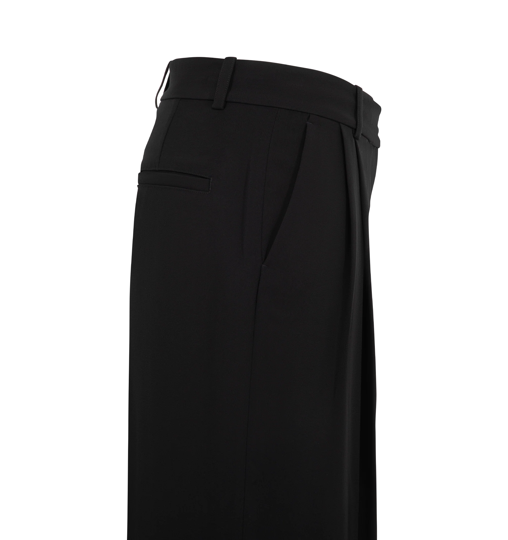 Image 3 of 3 - BLACK - Toteme Women's Double-Pleat Fluid Trousers are tailored from lightweight suiting fabric and feature a relaxed silhouette sharpened by double pleats along the front. Designed with pressed creases at the front and back, these designer trousers are finished with a zip fly, belt loops, side slant pockets, and welt back pockets for a refined approach to fluid tailoring. Main Material: 96% Viscose, 4% Polyester.