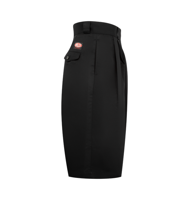 Image 3 of 3 - BLACK - WILLY CHAVARRIA Borracho Pleated-Waist Cotton Blend Shorts featuring button-fly fastening at front, wide leg, structured waist, belt loops, pleated waist, two slip pockets at front, one welt pocket at back, one buttoned flap pocket a back and embroidered brand patch at back. 65% polyester, 35% cotton. Lining 100% cotton. Made in Italy.