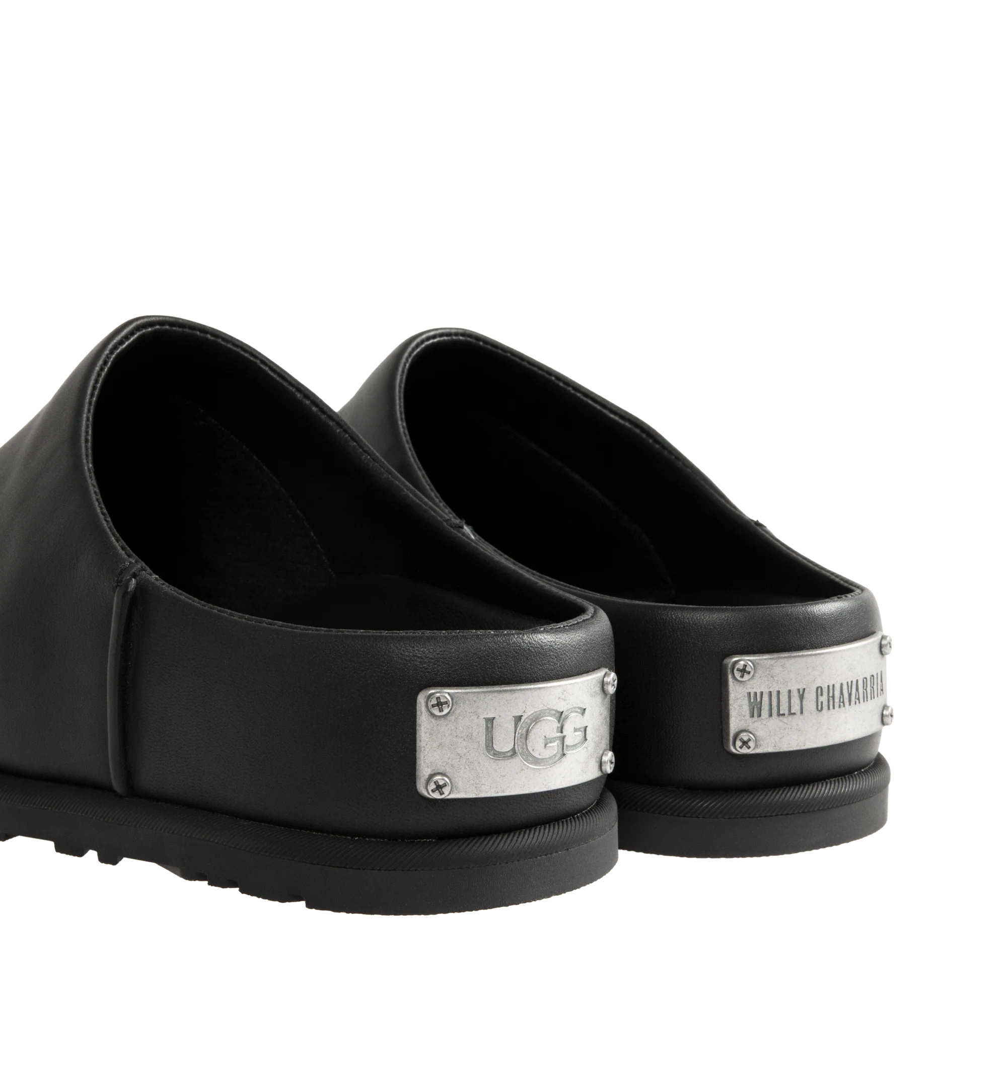 Image 3 of 4 - BLACK - UGG x Willy Chavarria Otzo Clog is crafted from premium black leather and features a slip-on silhouette for effortless everyday wear. Designed with custom Chavarria hardware logo and UGG's signature comfort-focused construction, the clog offers a refined take on casual footwear. Main Material: Leather. Unisex style in men's sizes.