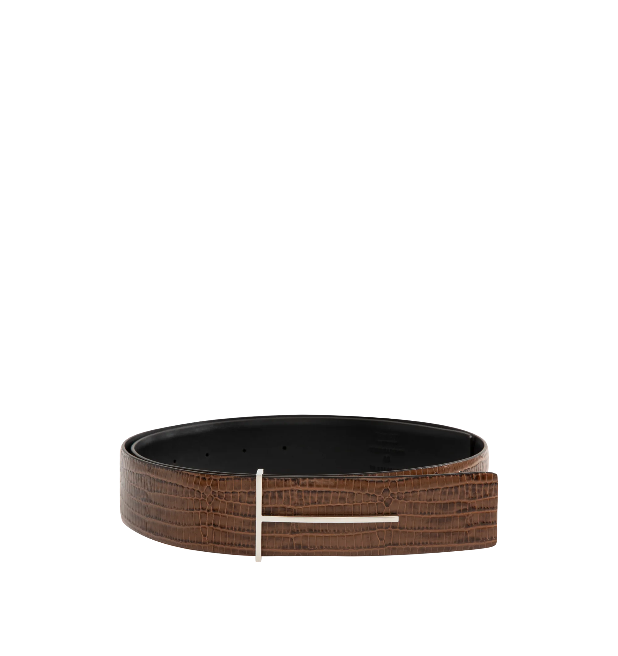 Image 1 of 2 - BROWN - TOM FORD Printed Tejus Reversible T Belt featuring printed tejus leather, a sliding T buckle and reversible construction in printed tejus and smooth leather. 100% calfskin. Made in Italy.