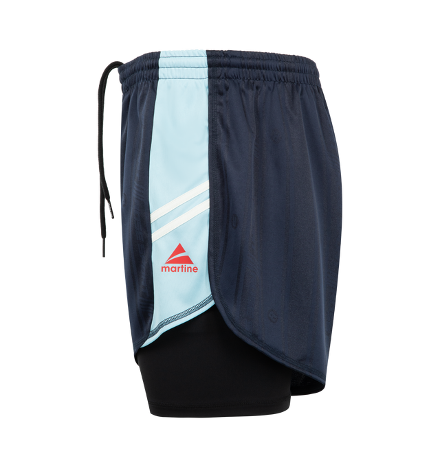 Image 3 of 3 - NAVY - MARTINE ROSE Double Football Shorts featuring regular fit, double-layer construction, striped pattern, elasticated drawstring waistband, contrast piping and printed logo. 100% polyester.