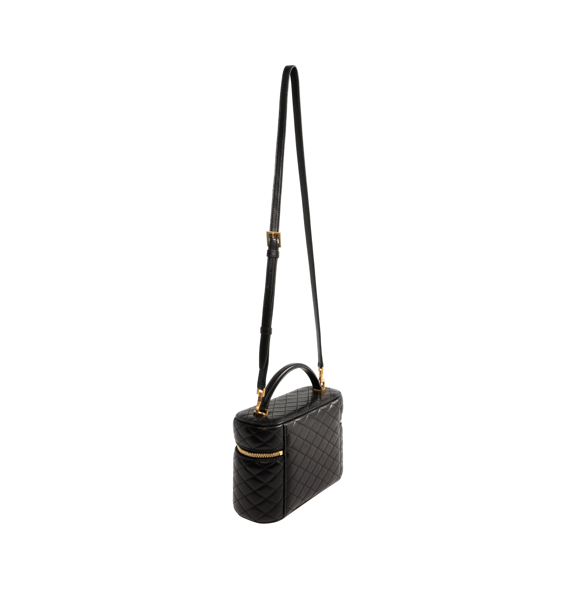 Image 2 of 3 - BLACK - SAINT LAURENT Gaby Large Vanity Bag in lambskin featuring diamond-quilted topstitching, fully lined in leather, top handle, an adjustable and detachable strap, bronze-tone hardware, zip closure and one card slot. 8.7" x 6.1" x 3.1". Lambskin. Made in Italy. 
