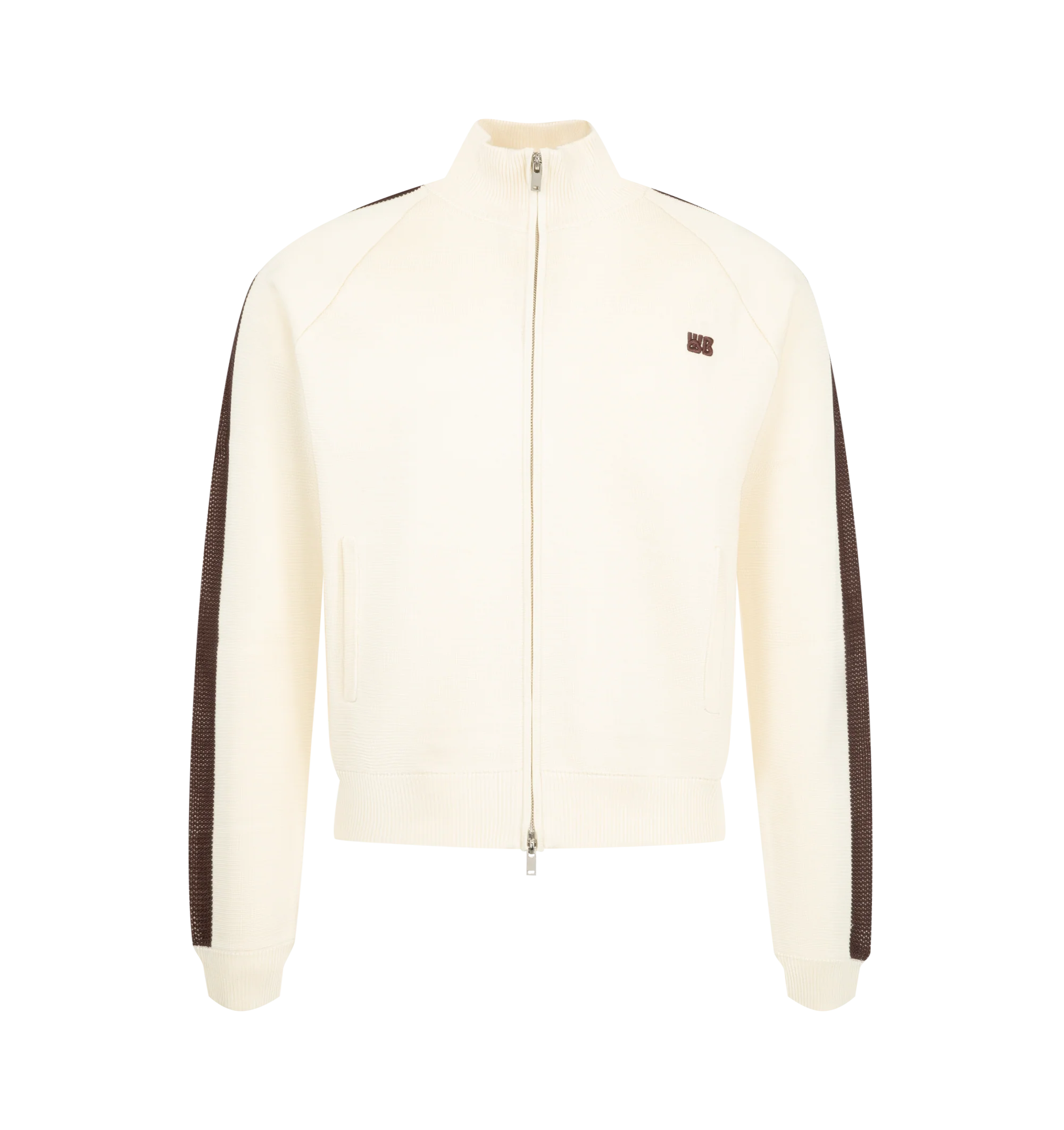 Image 1 of 3 - NEUTRAL - Wales Bonner Men's Tide Track Top is crafted from a viscose-poly knit and features the brand's signature track jacket silhouette in an ivory colorway. Detailed with crochet stripe accents along the sleeves, this refined sportswear style is finished with a double-zip front closure and a stand collar for versatile styling. 80% Viscose, 20% Polyester.