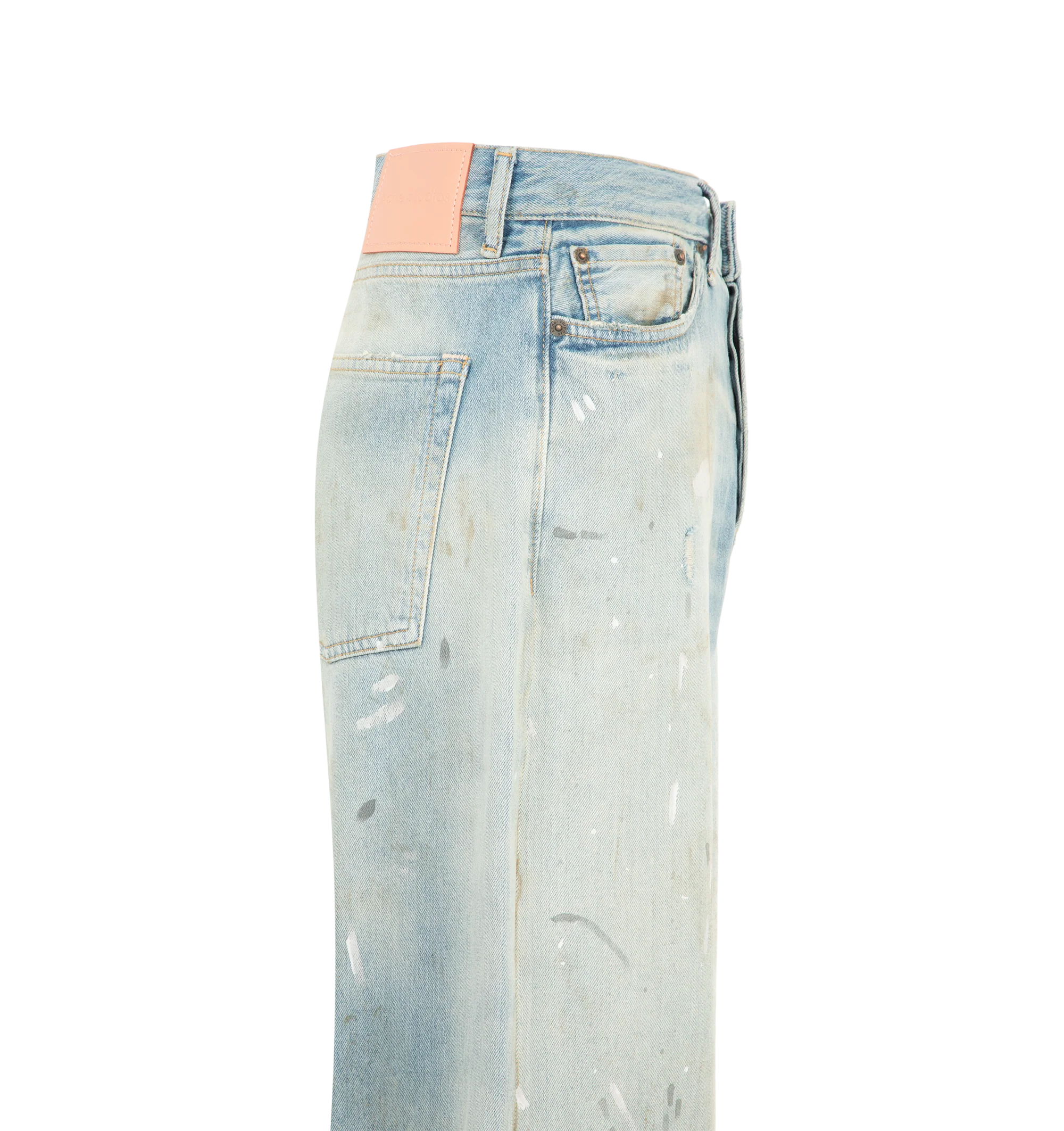Image 3 of 3 - BLUE - Acne Studios men's 1981  Pale Blue Vintage Jeans are crafted from non-stretch slubby denim and feature a loose-fit silhouette with a low-to-mid rise and wide baggy leg. Finished with a light wash for an authentic worn-in look, these jeans are designed with a long length, classic five-pocket construction, and a button fly closure. Made from organically grown cotton. Main Material: 100% Cotton. Patch: 100% Cow Leather. 