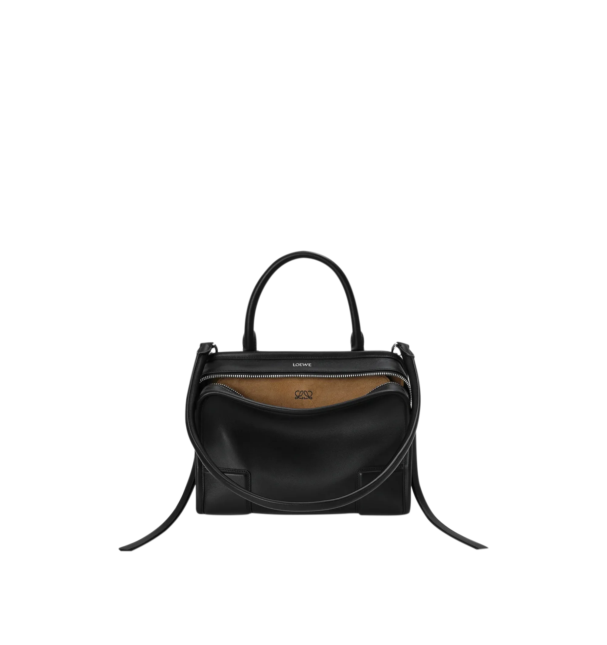 Image 5 of 16 - BLACK - Loewe Small Amazona 180 Bag in leather features a relaxed silhouette anchored by a single toron top handle, designed to be carried open, while a concealed closure secures the main compartment, three carry options: short handle, removable shoulder strap and crossbody, zip closure with two leather zip pullers, two compartments, main compartment closed with magnetic closure, internal flat pocket, left side d-ring for customization, nappa lambskin lining, and embossed double L branding.