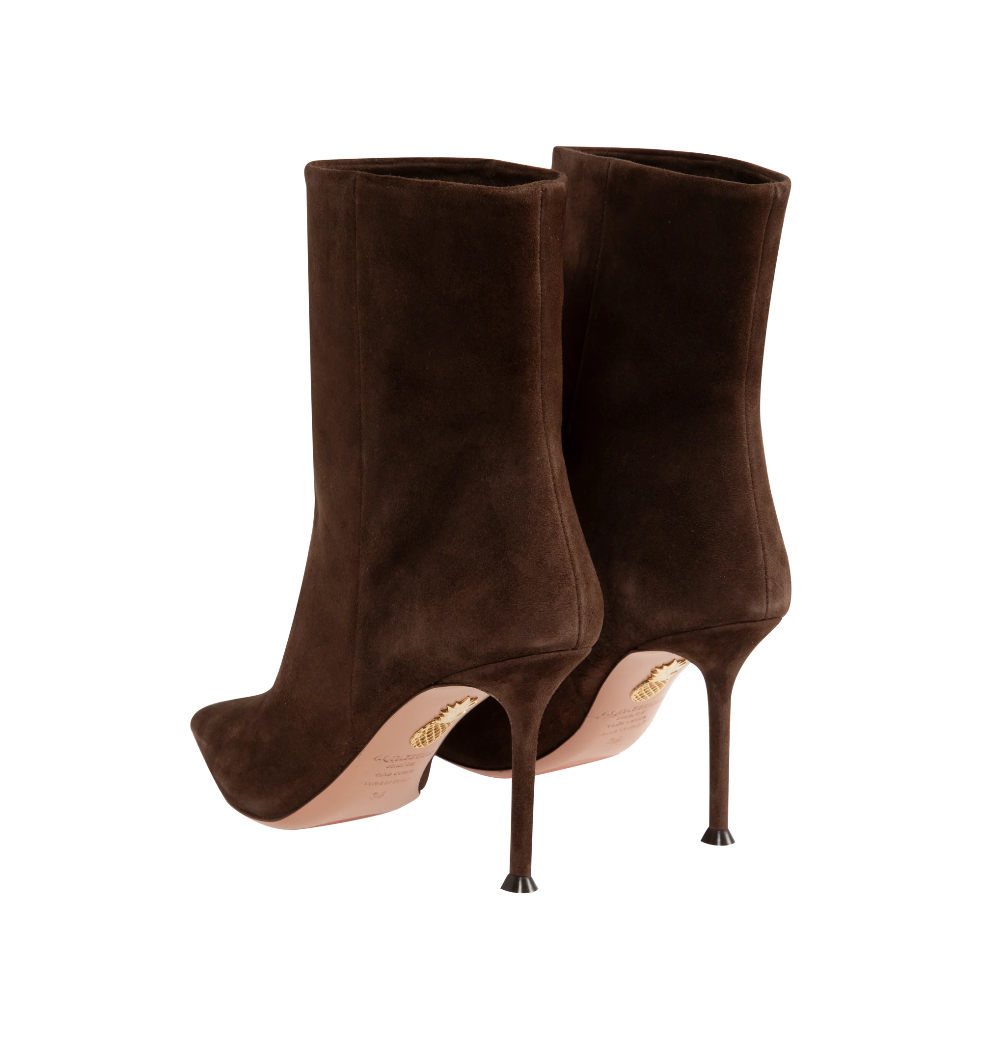 Image 3 of 4 - BROWN - Aquazzura Women's Harper Bootie 85 is crafted from smooth suede and features a sleek ankle-high silhouette with a pointed toe for an elegant, elongated profile. Designed in an easy pull-on style, these designer booties are set on an 85mm heel and finished with a soft leather lining and durable calf leather sole. Upper: Suede. Lining: Leather. Sole: Calf Leather. Heel Height: 85 mm / 3.3 in. Closure: Pull-On. Toe: Pointed. Made in Italy.